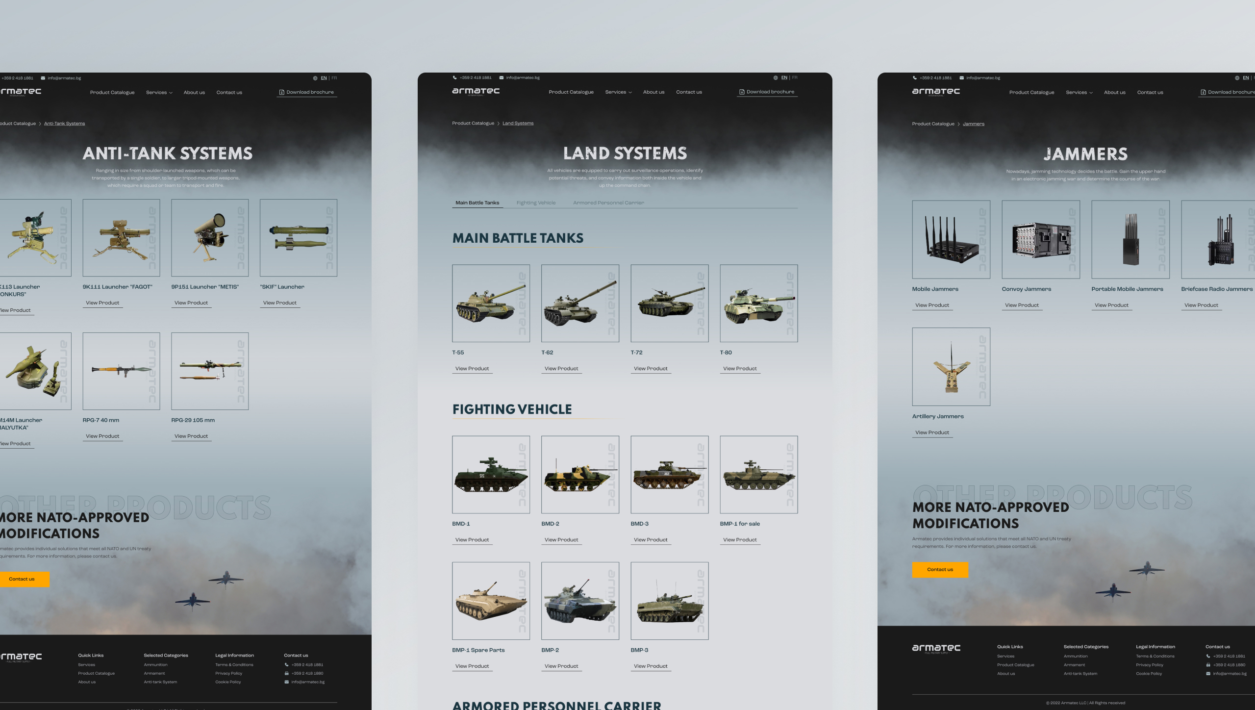 Three Armatec product category page designs for anti-tank systems, land systems and jammers with product card grids