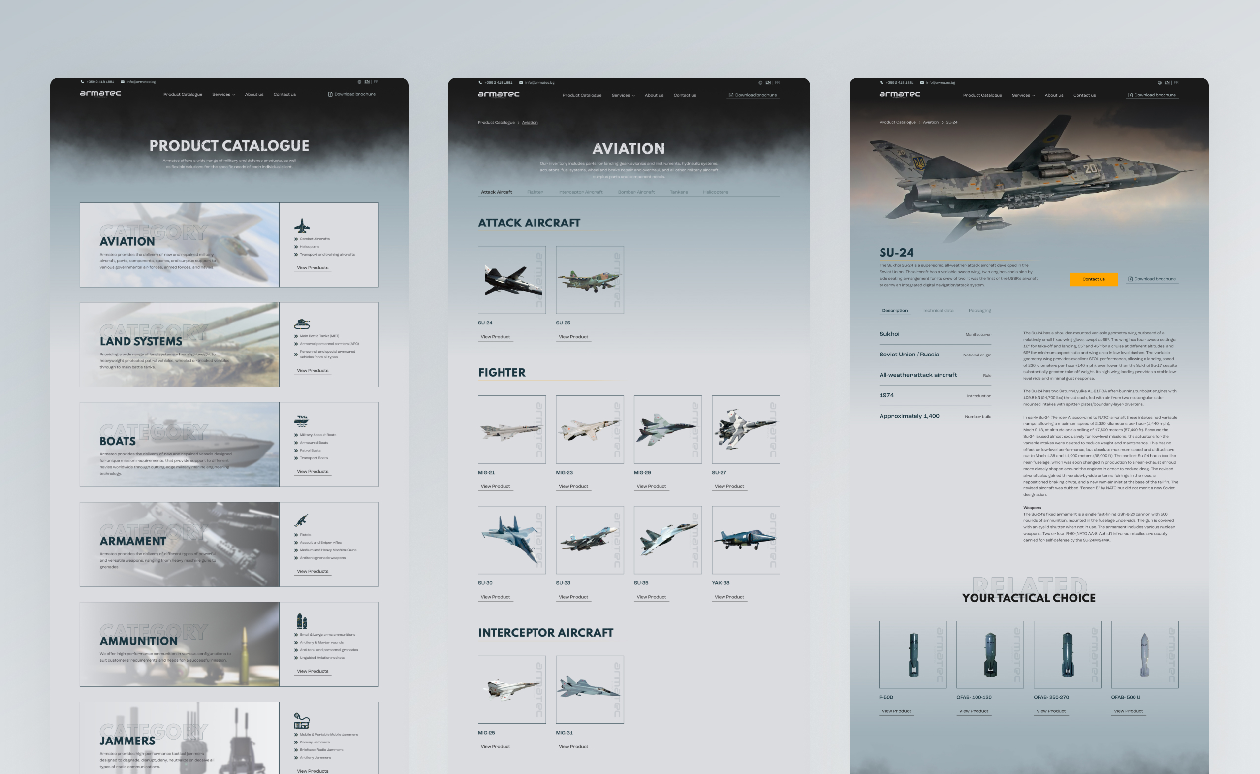 Armatec product catalogue, aviation category and SU-24 product detail pages shown as three desktop designs