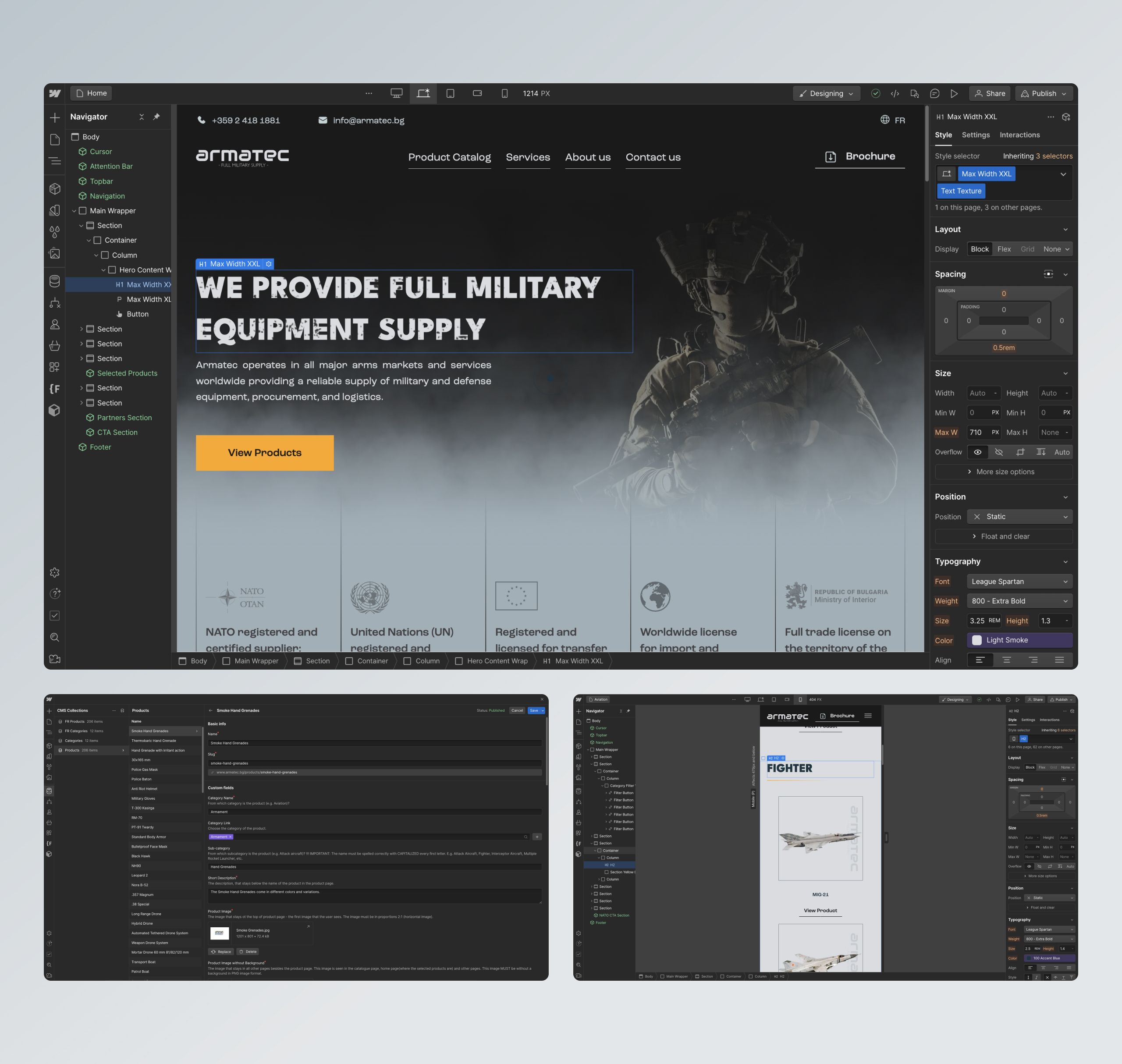 Armatec homepage open in the Webflow Designer with the Navigator and Style panels, plus CMS collection editing views