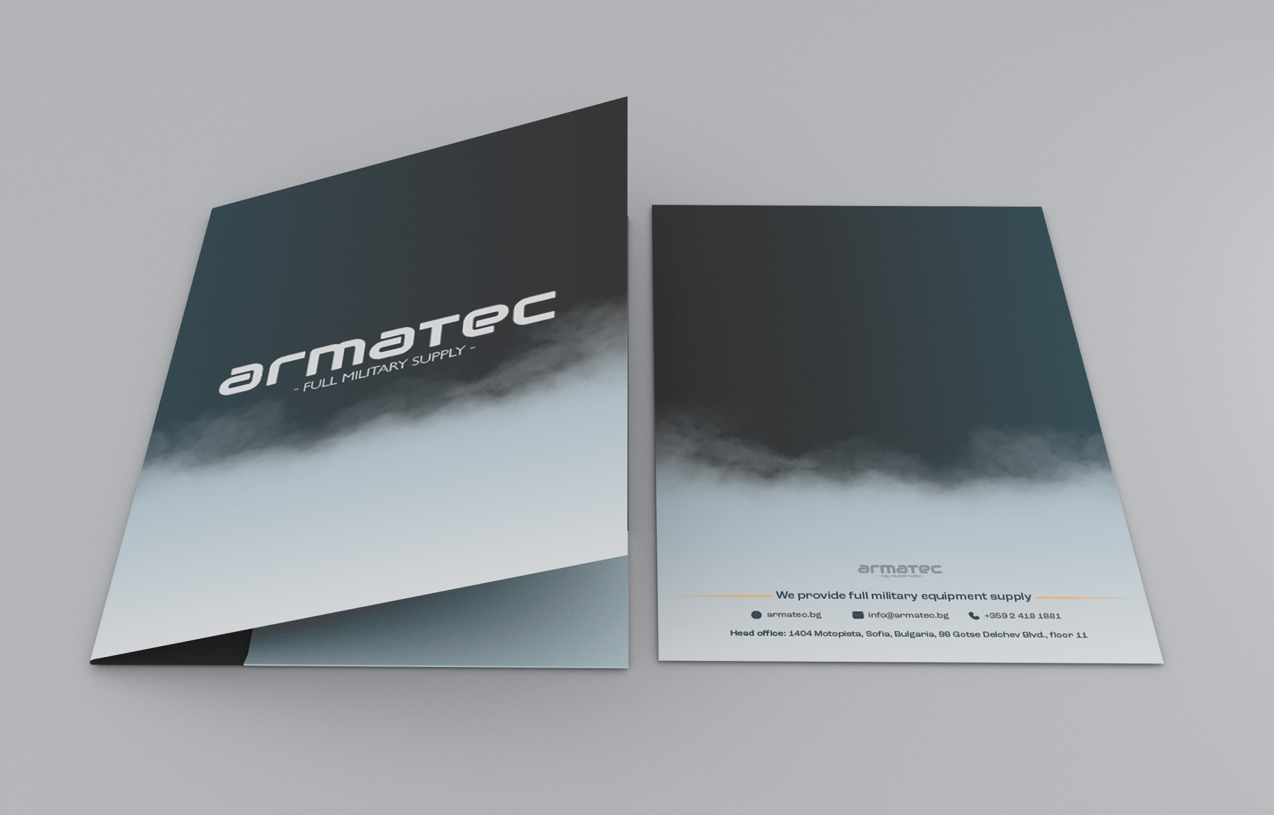 Armatec presentation folder mockup with the logo on a dark smoke gradient front and contact details on the back