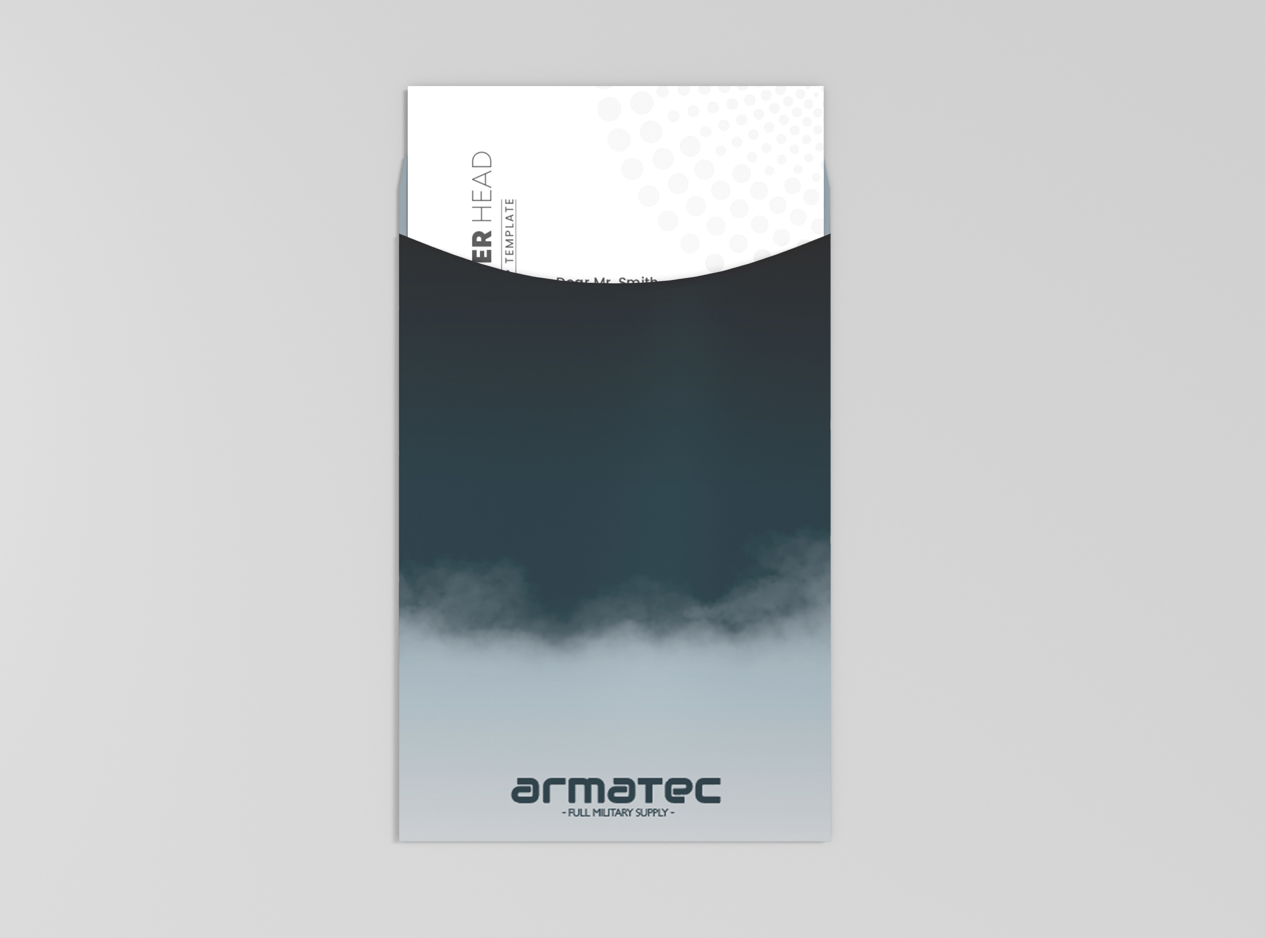Armatec smoke-gradient envelope with a branded letterhead template sliding out of the top