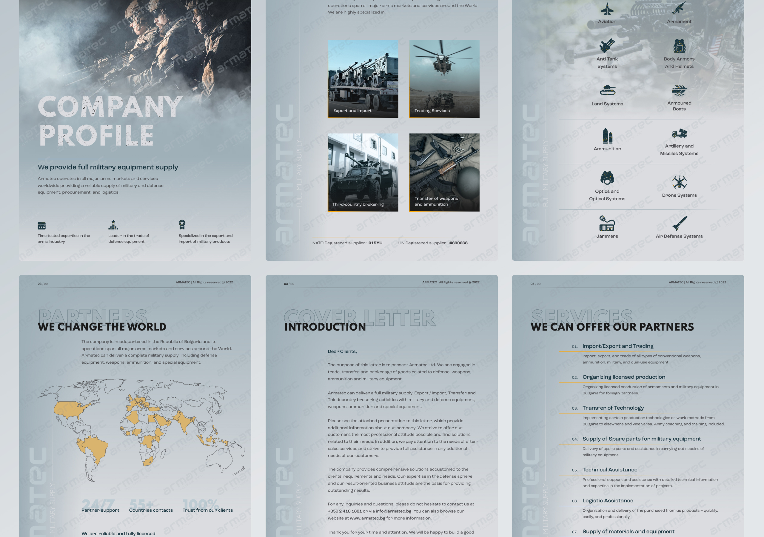 Six pages of the Armatec company profile brochure covering services, product icons, a partner map and a cover letter