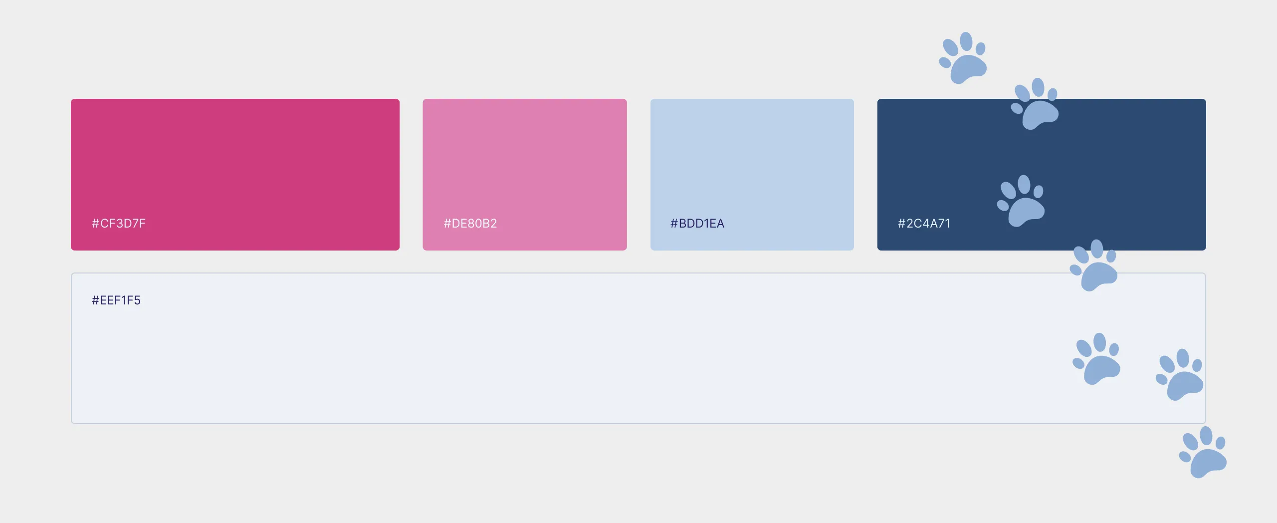 1500 Dog Gang colour palette swatches with hex values in pink, blue and navy, decorated with paw prints