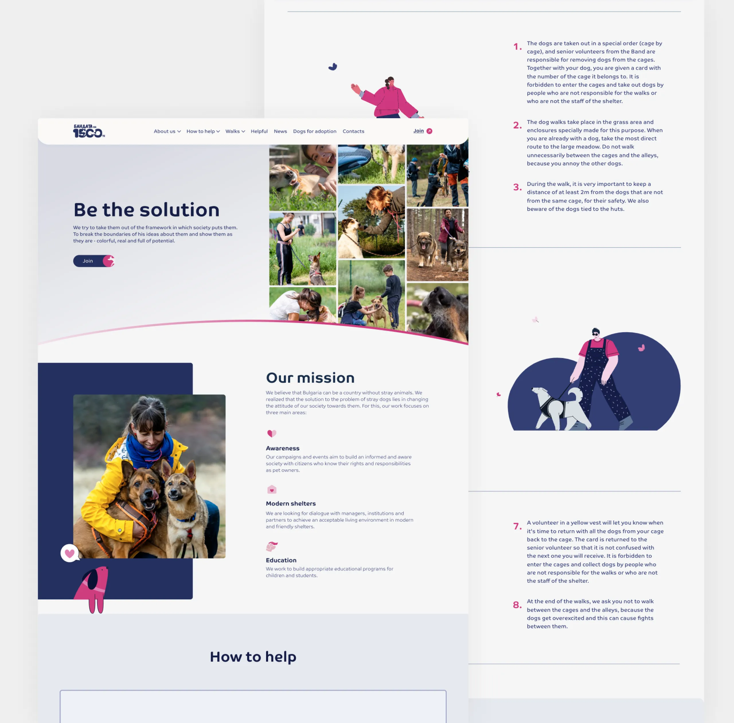 1500 Dog Gang homepage design with the Be the solution hero photo grid, mission section and walk rules page