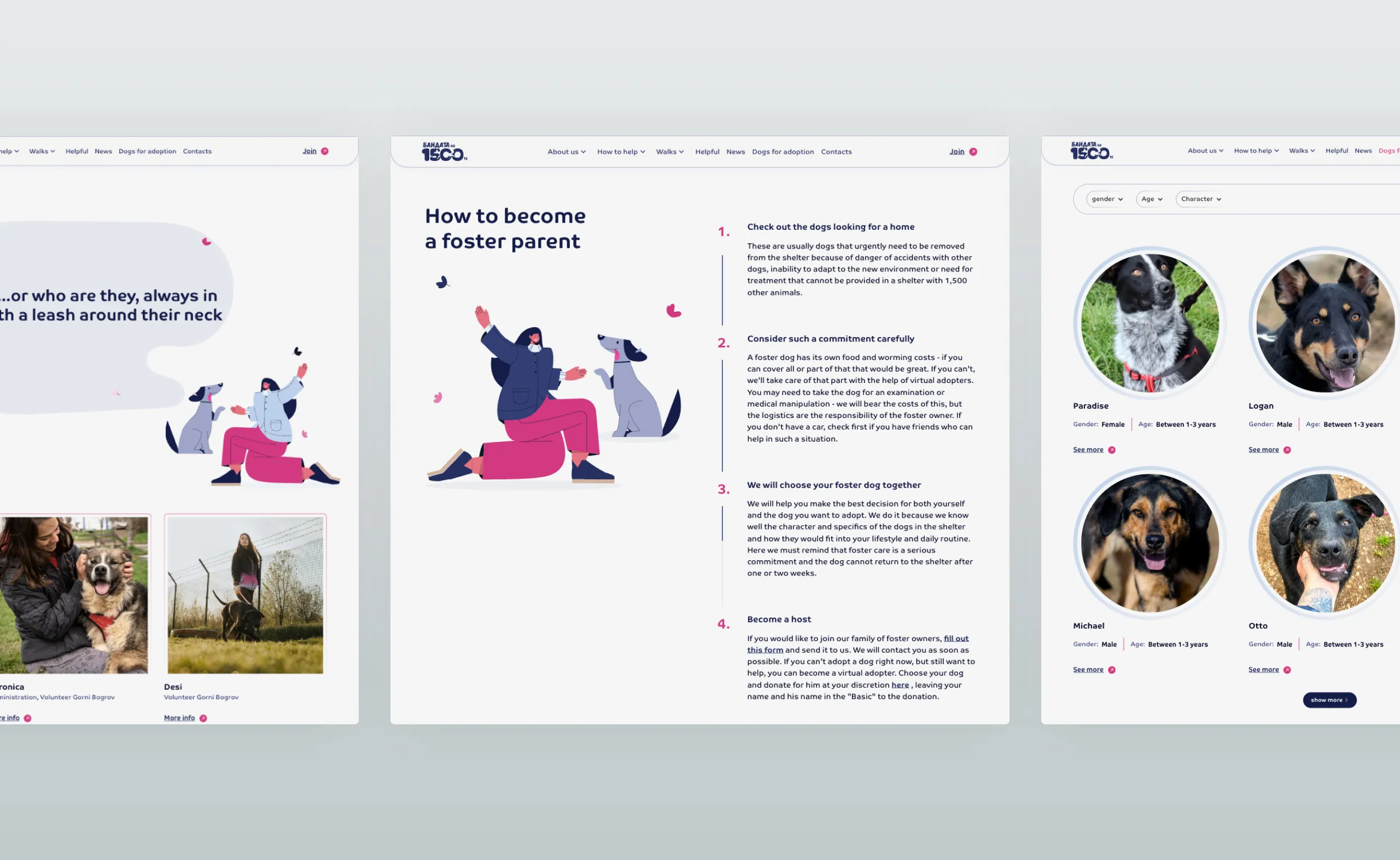 Three 1500 Dog Gang page designs: volunteer profiles, a how to foster guide and the dogs for adoption grid