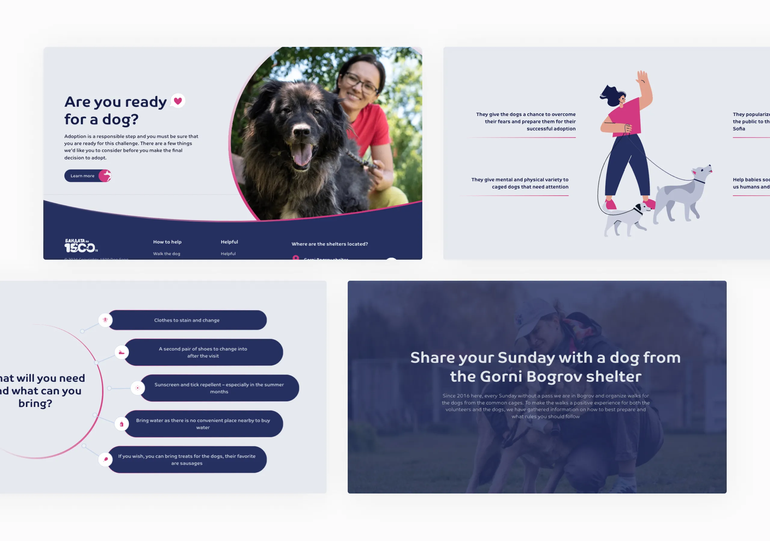 Four 1500 Dog Gang page sections covering adoption readiness, walk benefits, what to bring and Sunday shelter walks
