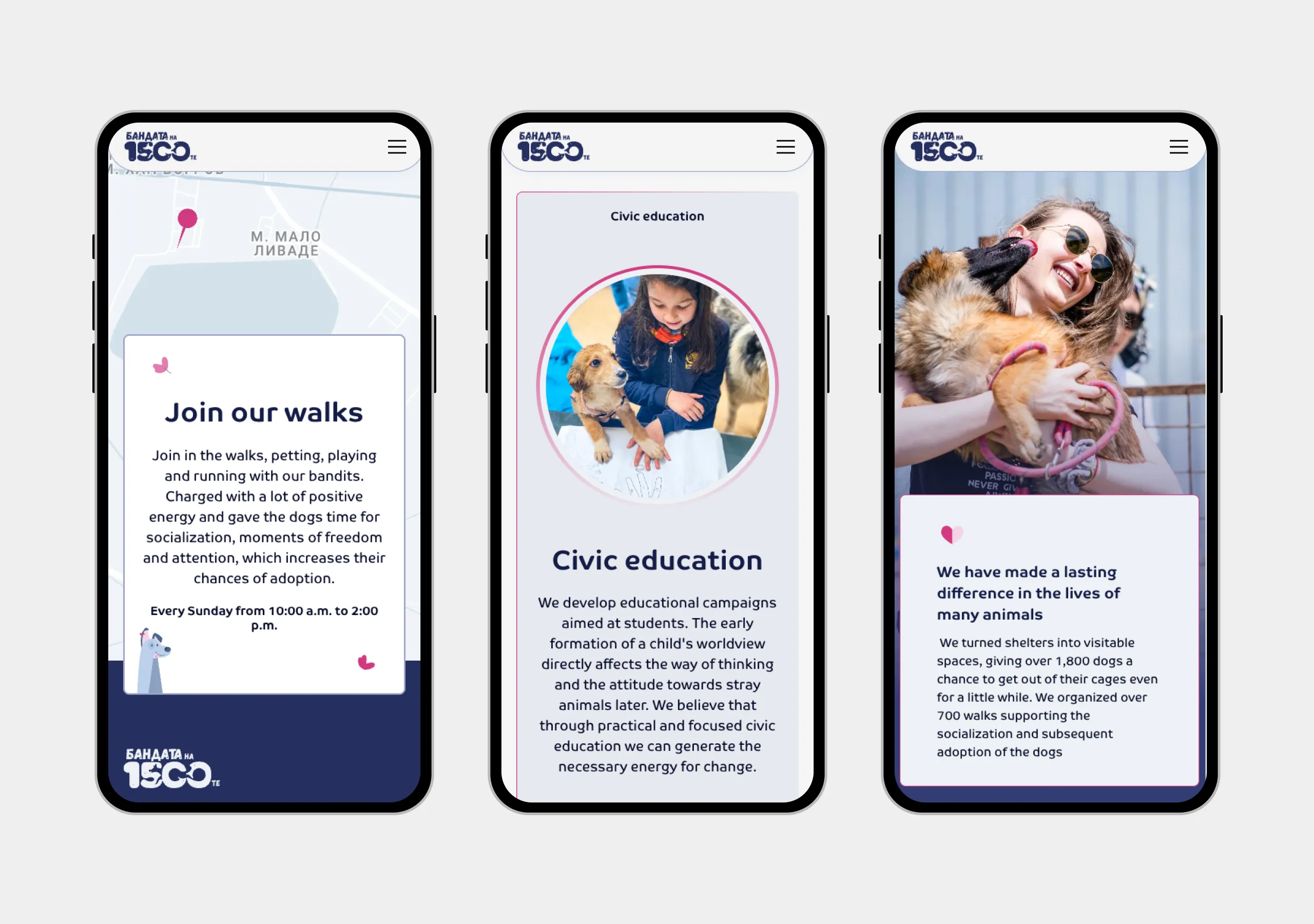 Three 1500 Dog Gang mobile screens showing the walks map, a civic education page and an impact section