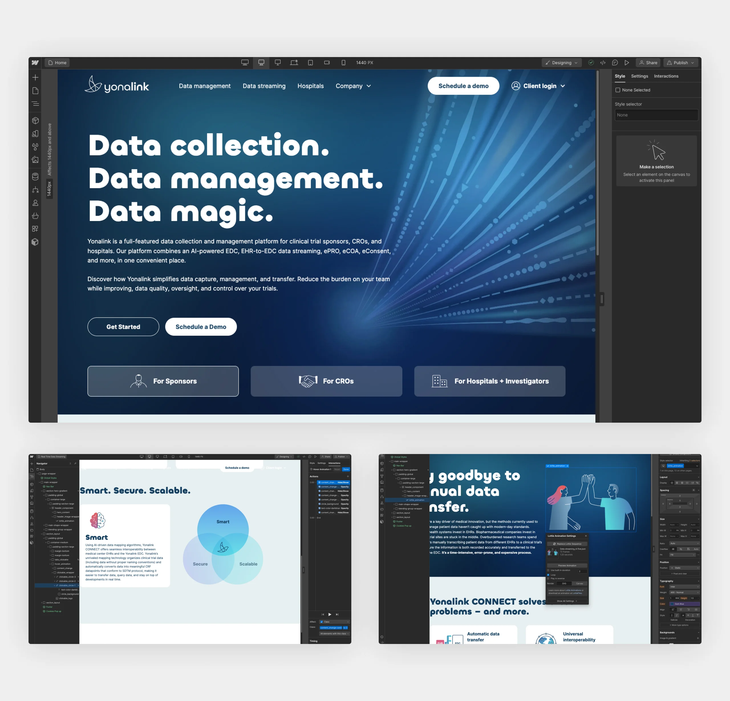 Yonalink homepage open in the Webflow Designer, plus further build views including Lottie animation settings