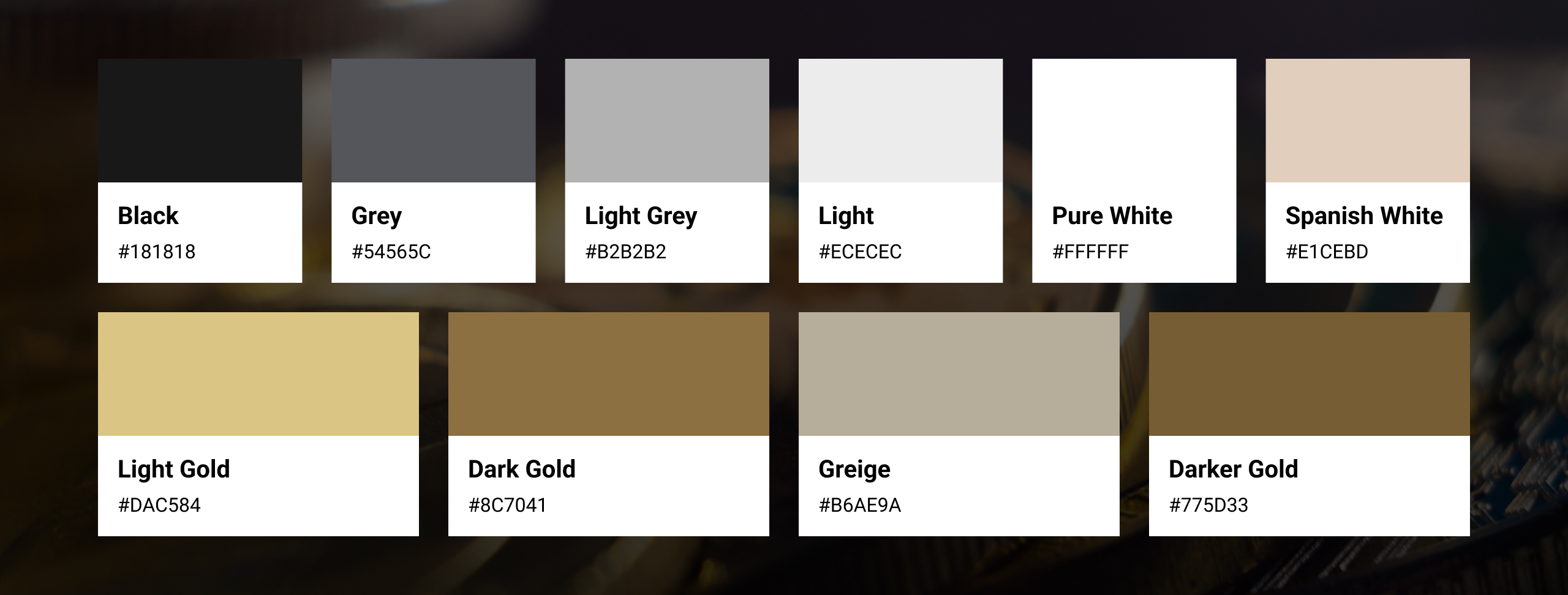 Premium Gold brand colour palette with ten swatches and hex values, from black and greys through light and dark golds
