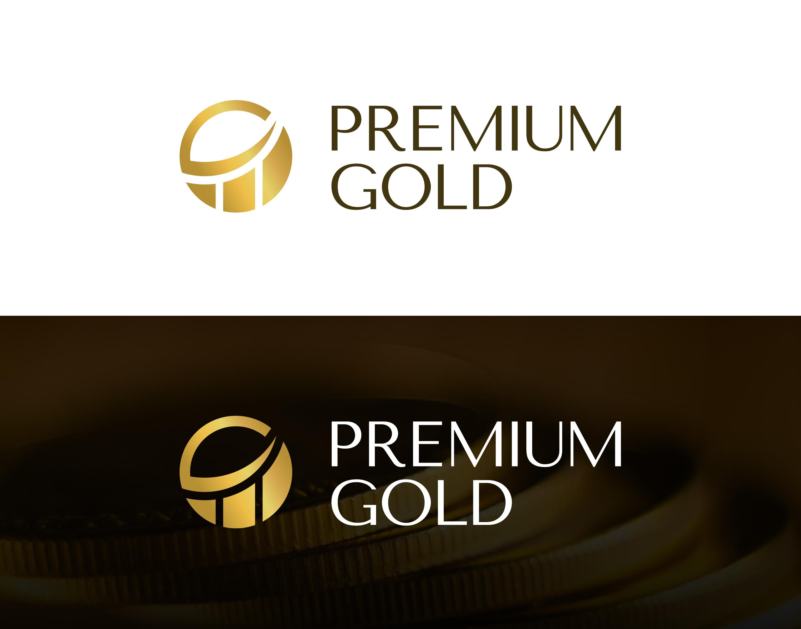 Premium Gold logo lockup shown on white and over a dark gold-coin photo, gold circular mark beside the wordmark