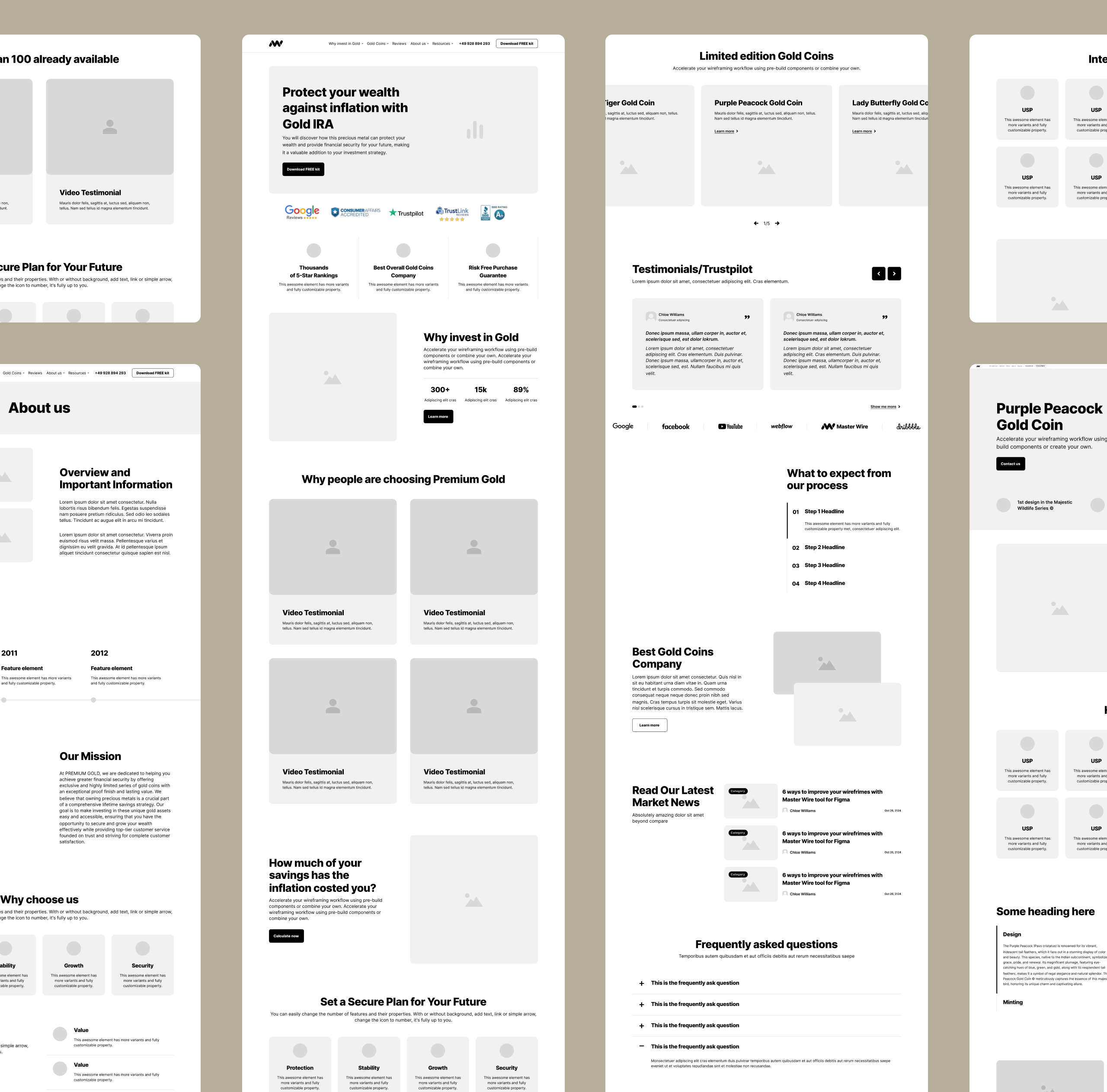 Greyscale Premium Gold wireframes for the homepage, about and coin pages laid out as full-length page flows