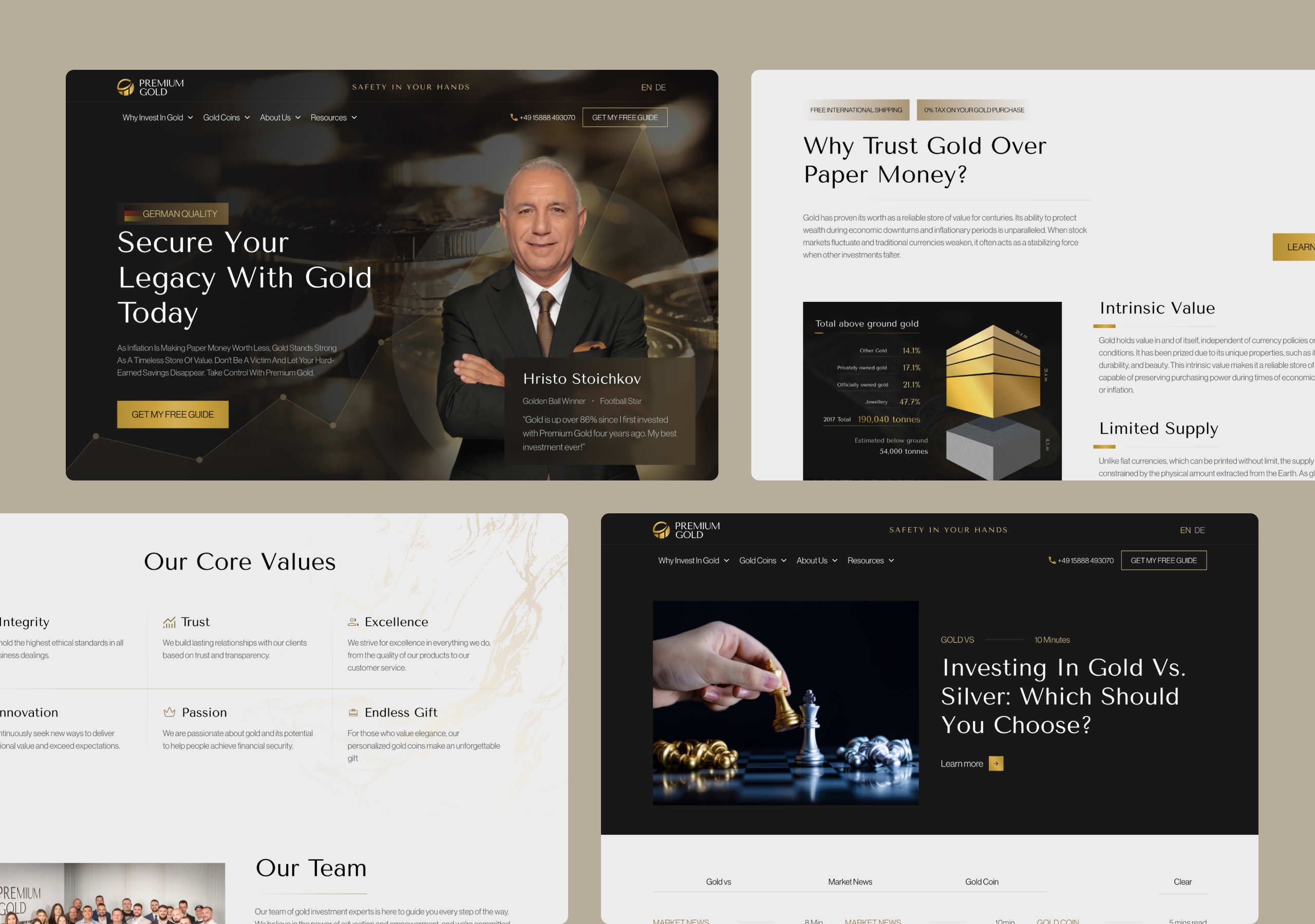 Premium Gold page designs covering the dark hero, a gold versus paper money section, core values grid and article layout
