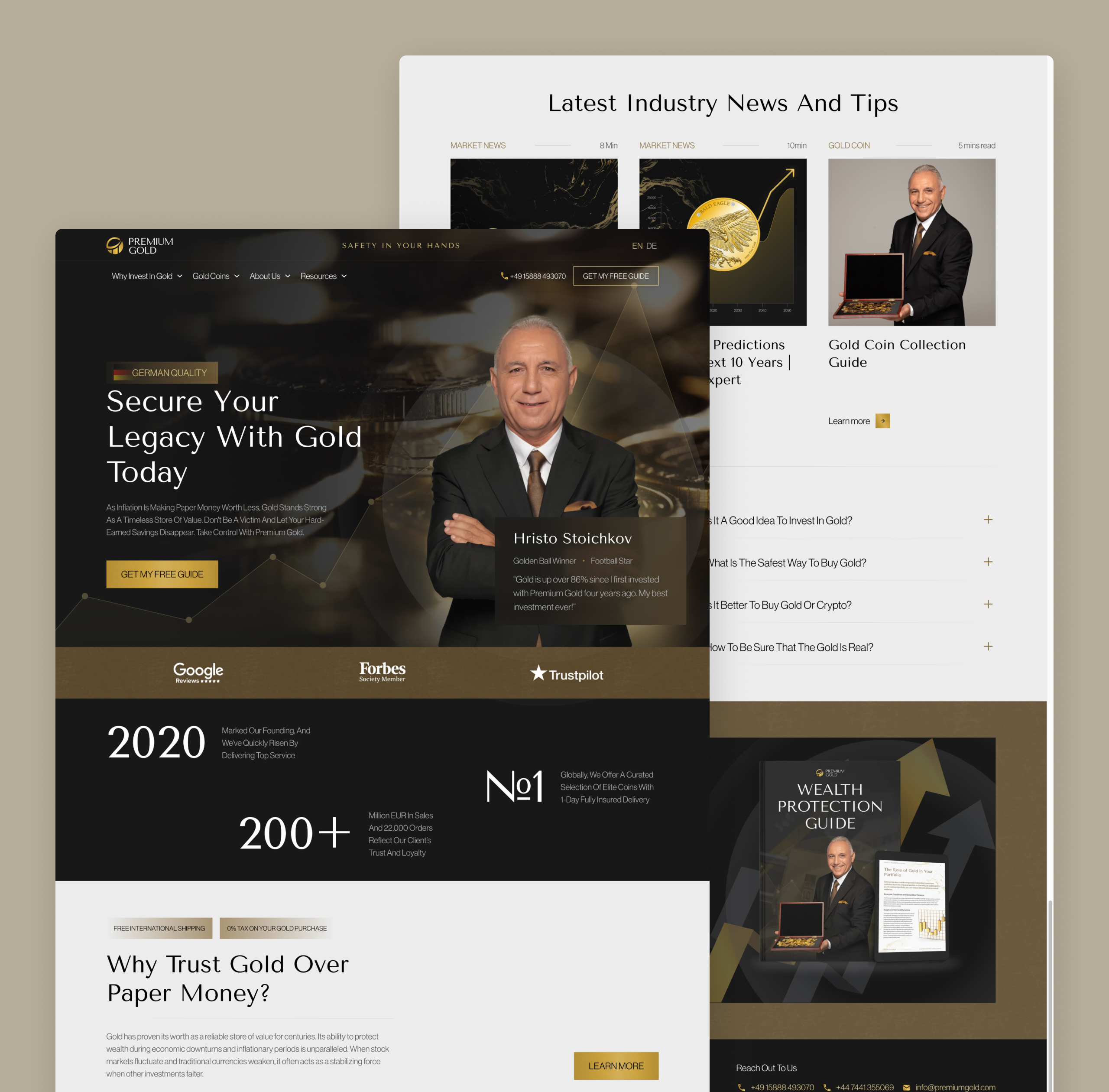Premium Gold homepage UI design with the dark hero, a football star endorsement panel and an industry news section