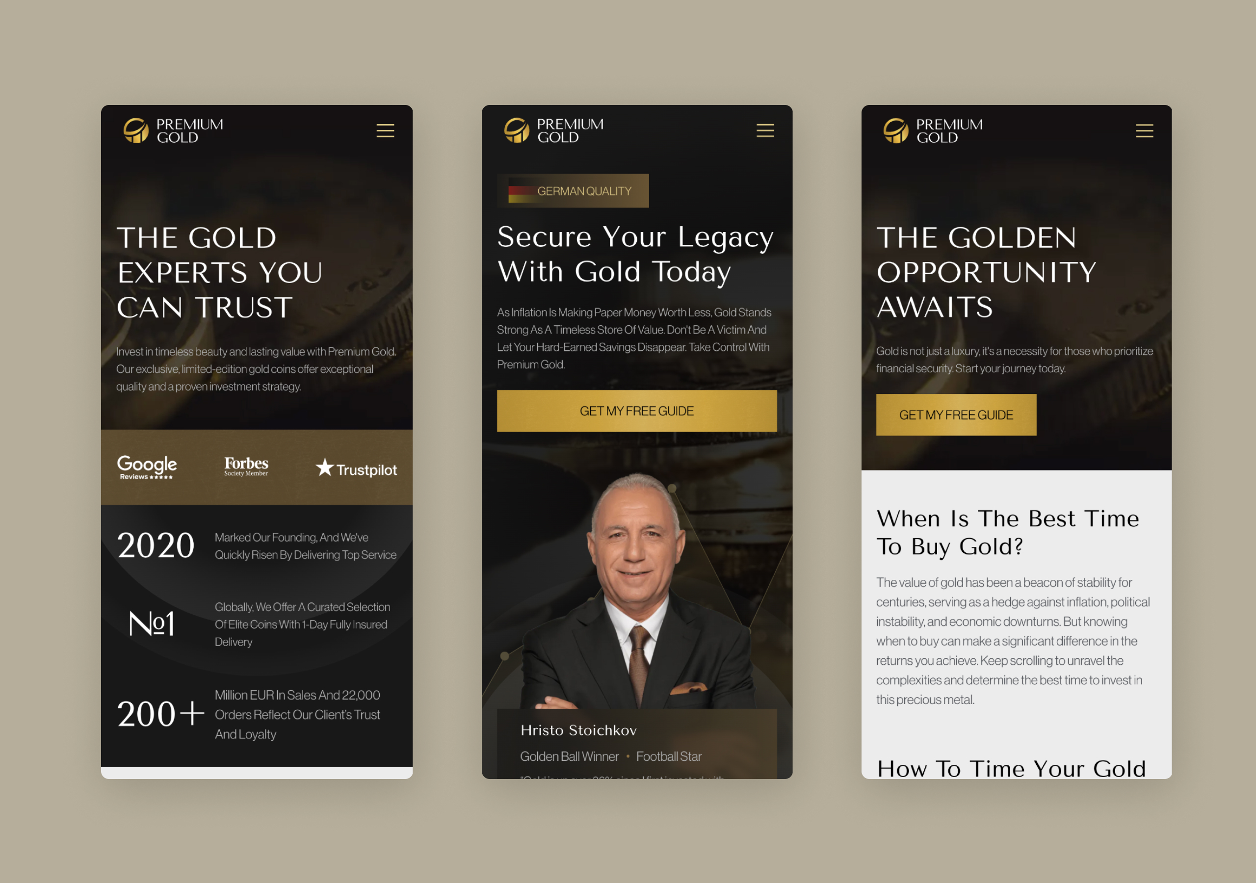 Three Premium Gold mobile screens with dark hero sections, trust logos and a gold call-to-action button