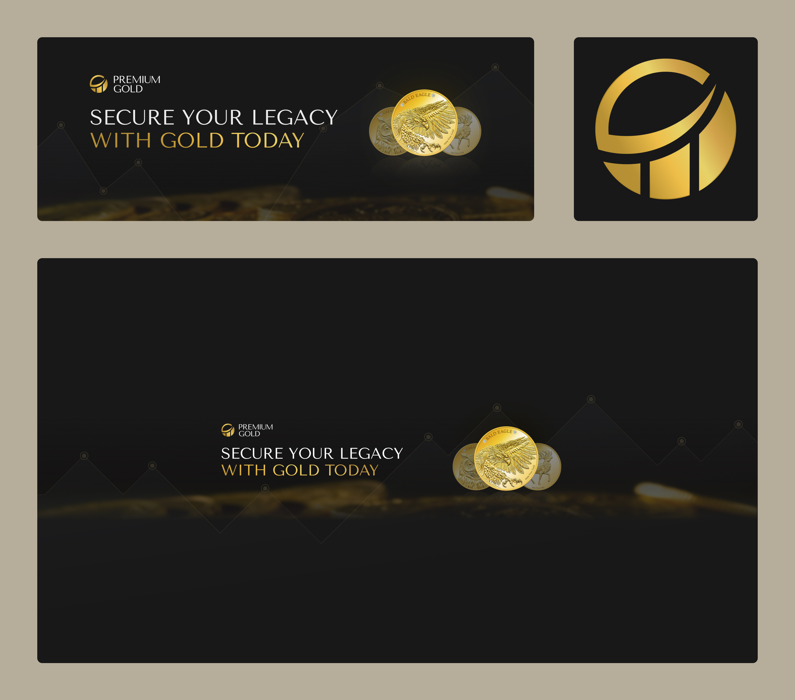 Premium Gold social media cover banners and a square profile tile using the gold coin mark on black