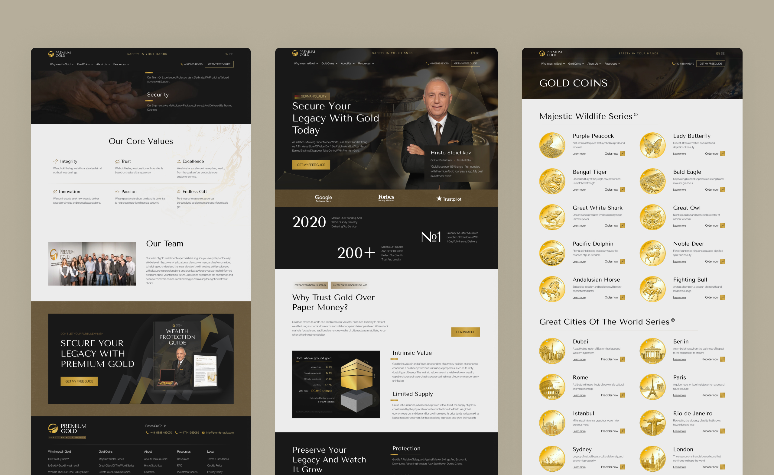 Three full-length Premium Gold page designs including the homepage and the gold coins catalogue listing