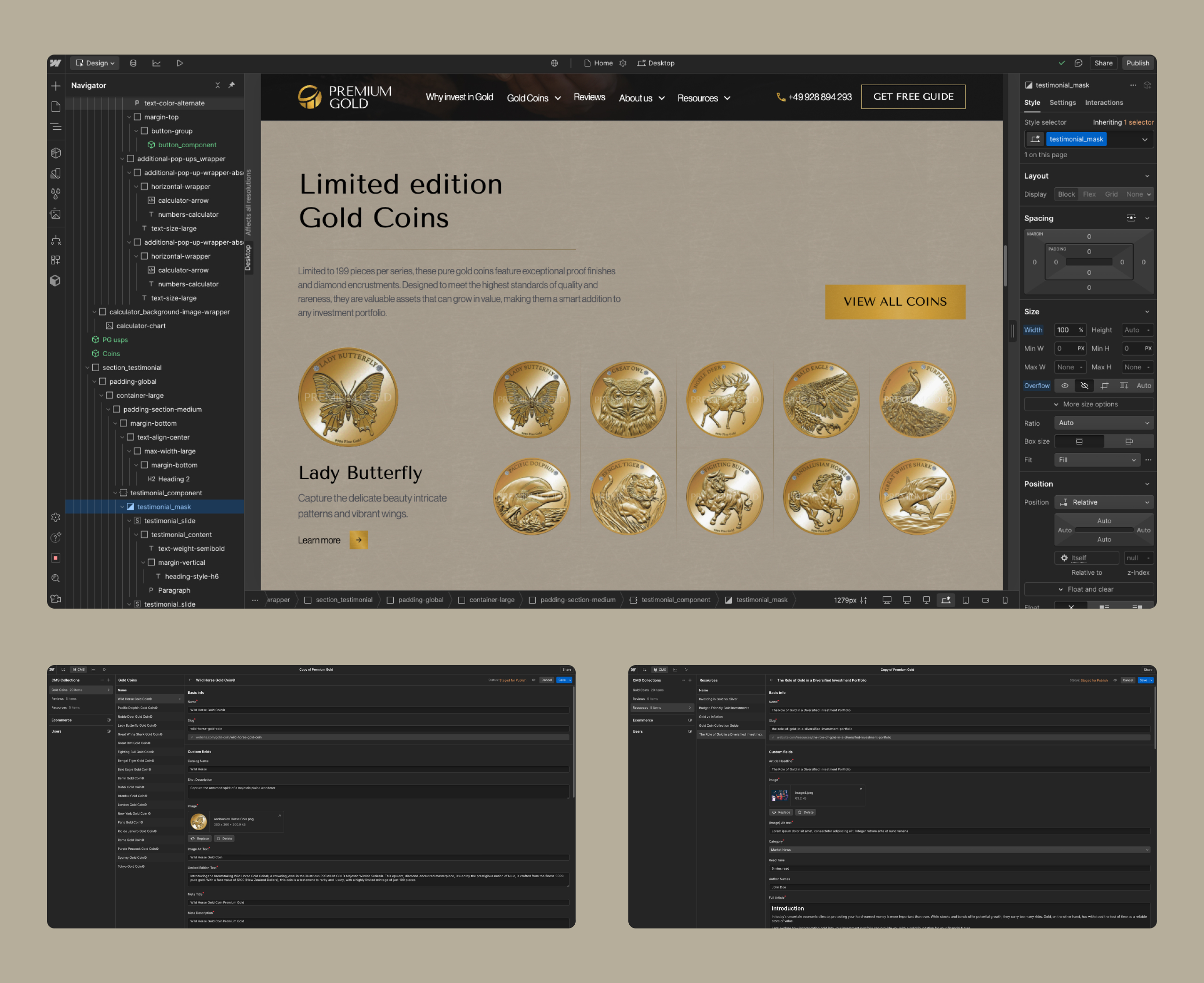 Premium Gold built in the Webflow Designer with the Navigator panel open, plus two CMS collection item editors