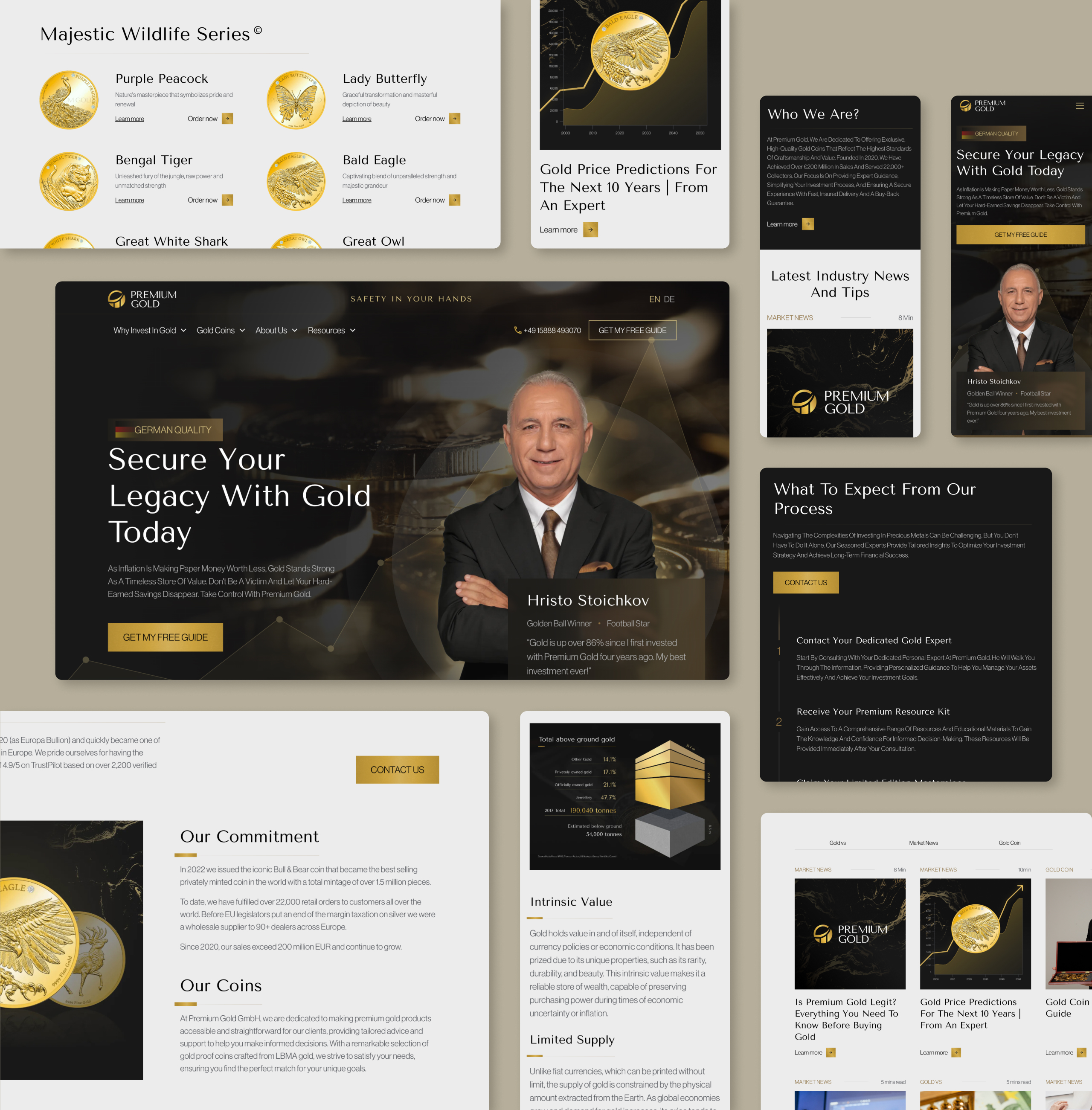 Premium Gold desktop and mobile screens showing the hero, coin series list, process steps and news cards