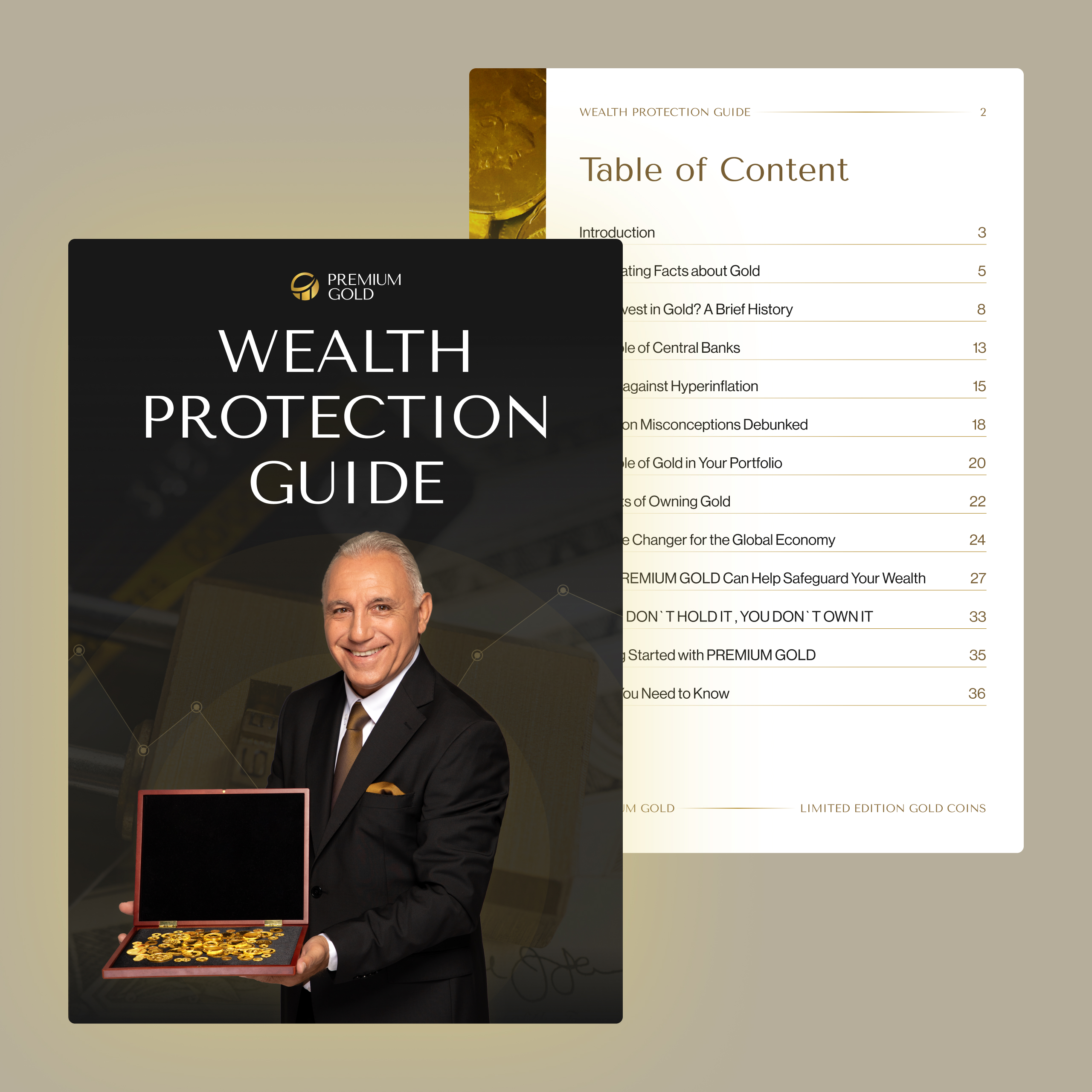 Premium Gold Wealth Protection Guide e-book cover shown next to its table of contents spread