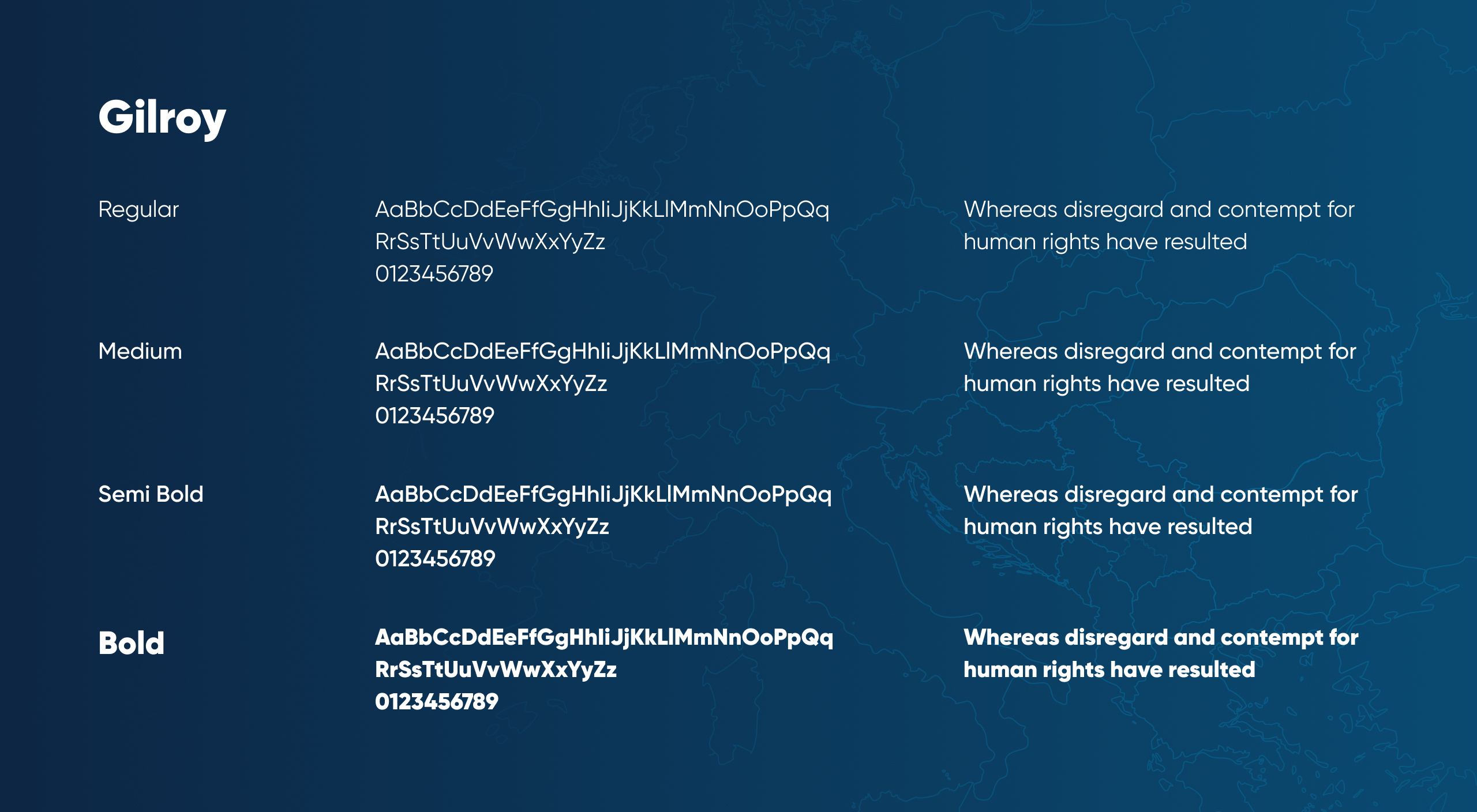 CWP Europe typography sheet for the Gilroy typeface in four weights, set white on a deep blue map background