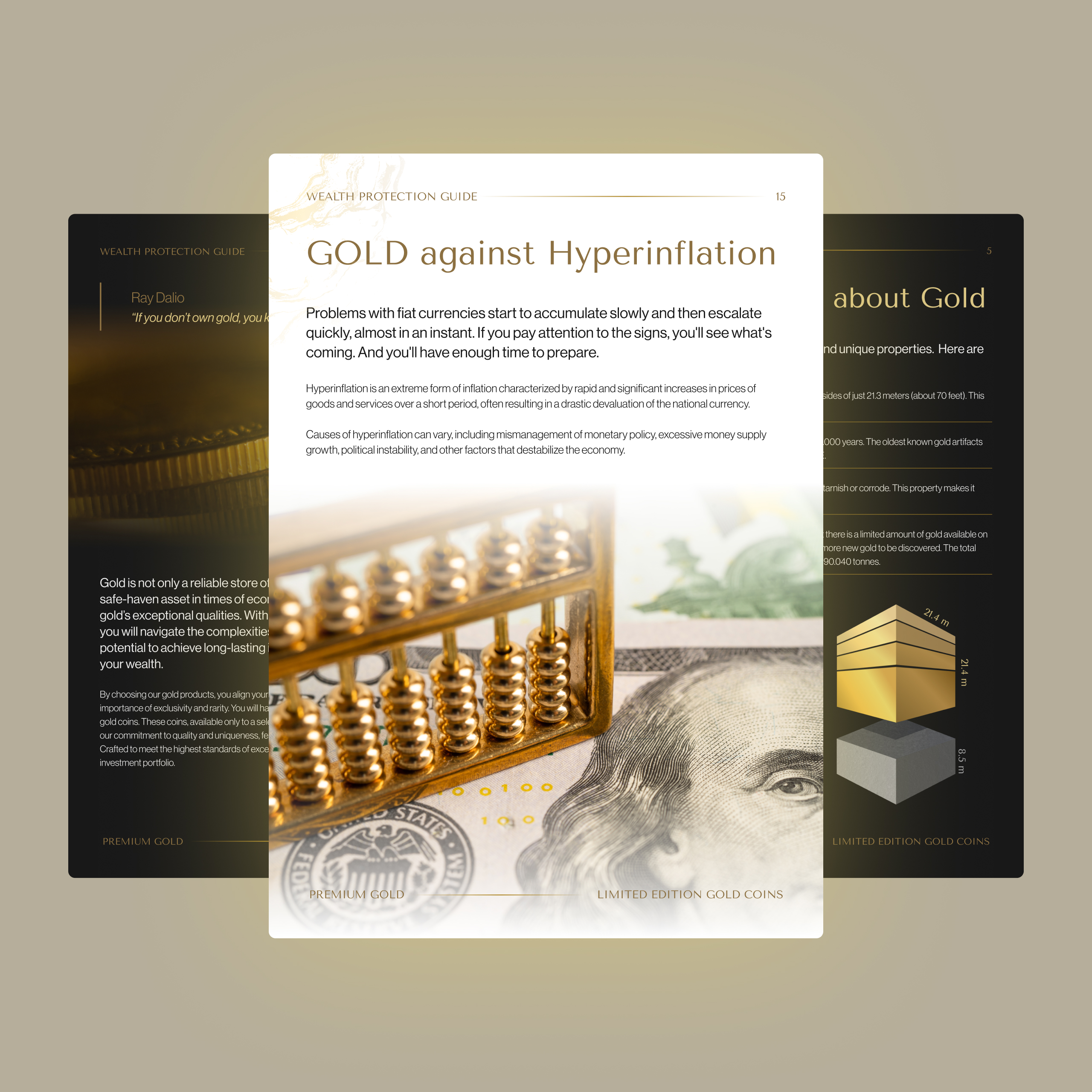 Interior spreads from the Premium Gold Wealth Protection Guide, including a page on gold against hyperinflation