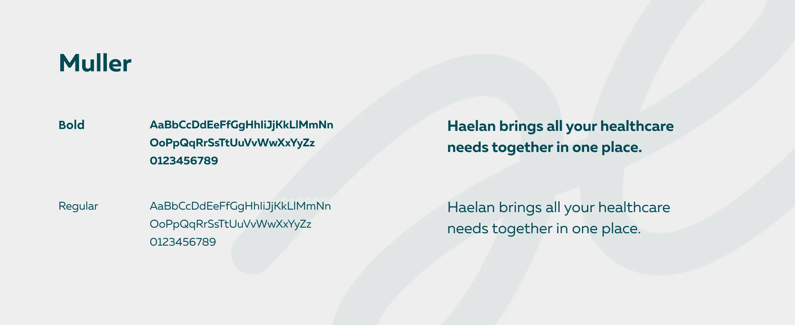 Haelan typography sheet for the Muller typeface in bold and regular, set in dark teal on light grey