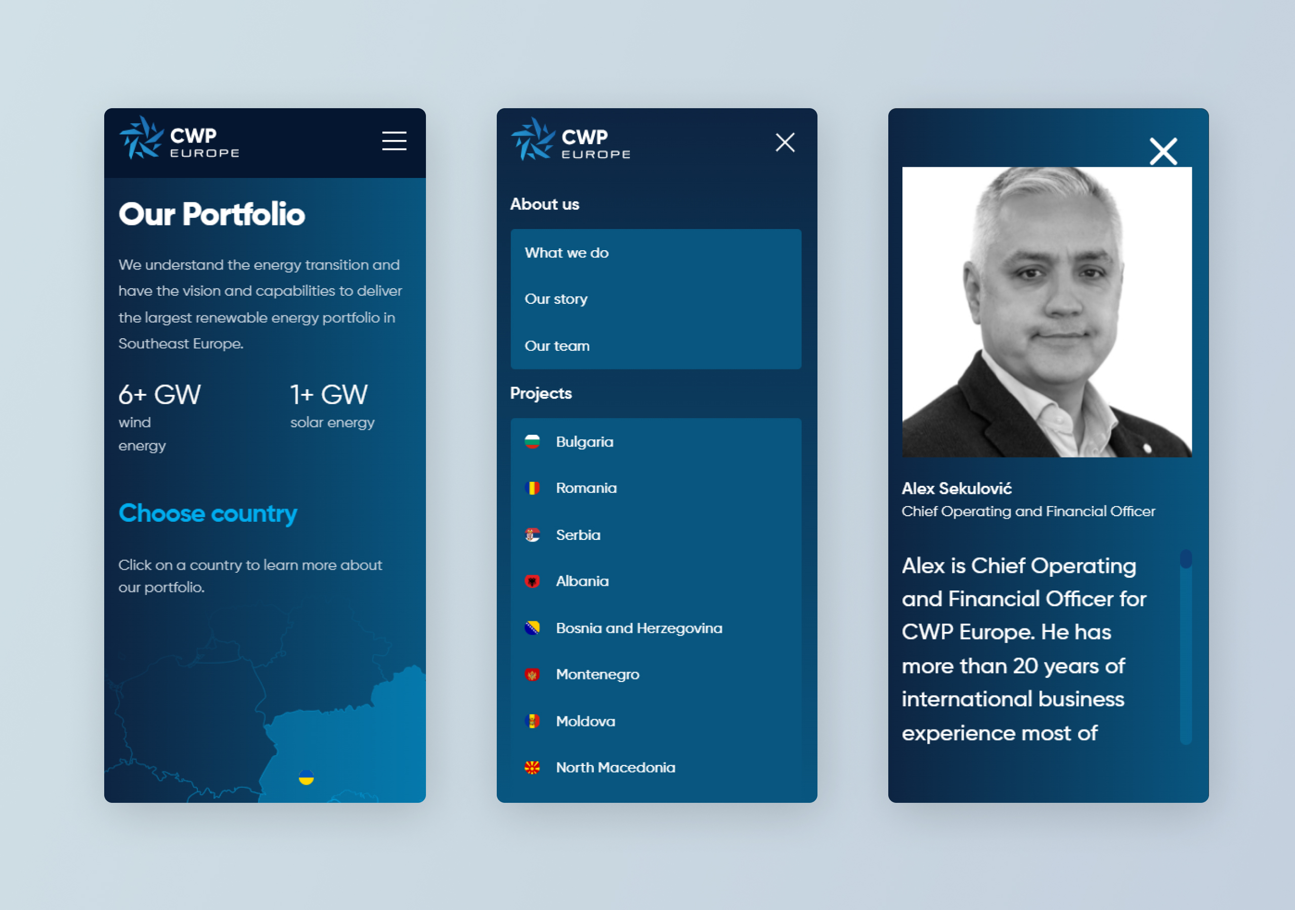 Three CWP Europe mobile screens showing the portfolio map, expanded navigation menu and a team member bio