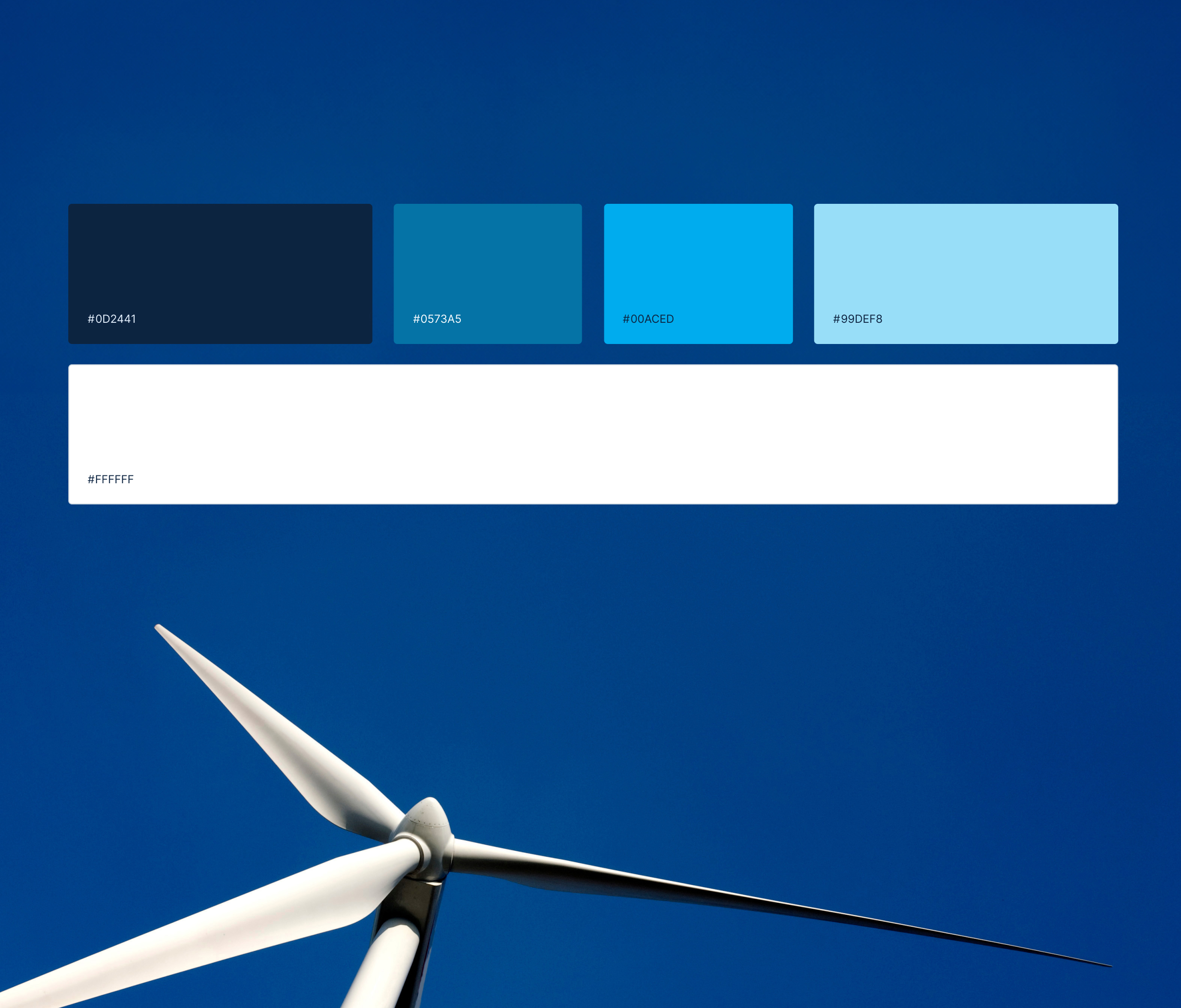 CWP Europe blue colour palette with hex values above a photo of a white wind turbine against a blue sky