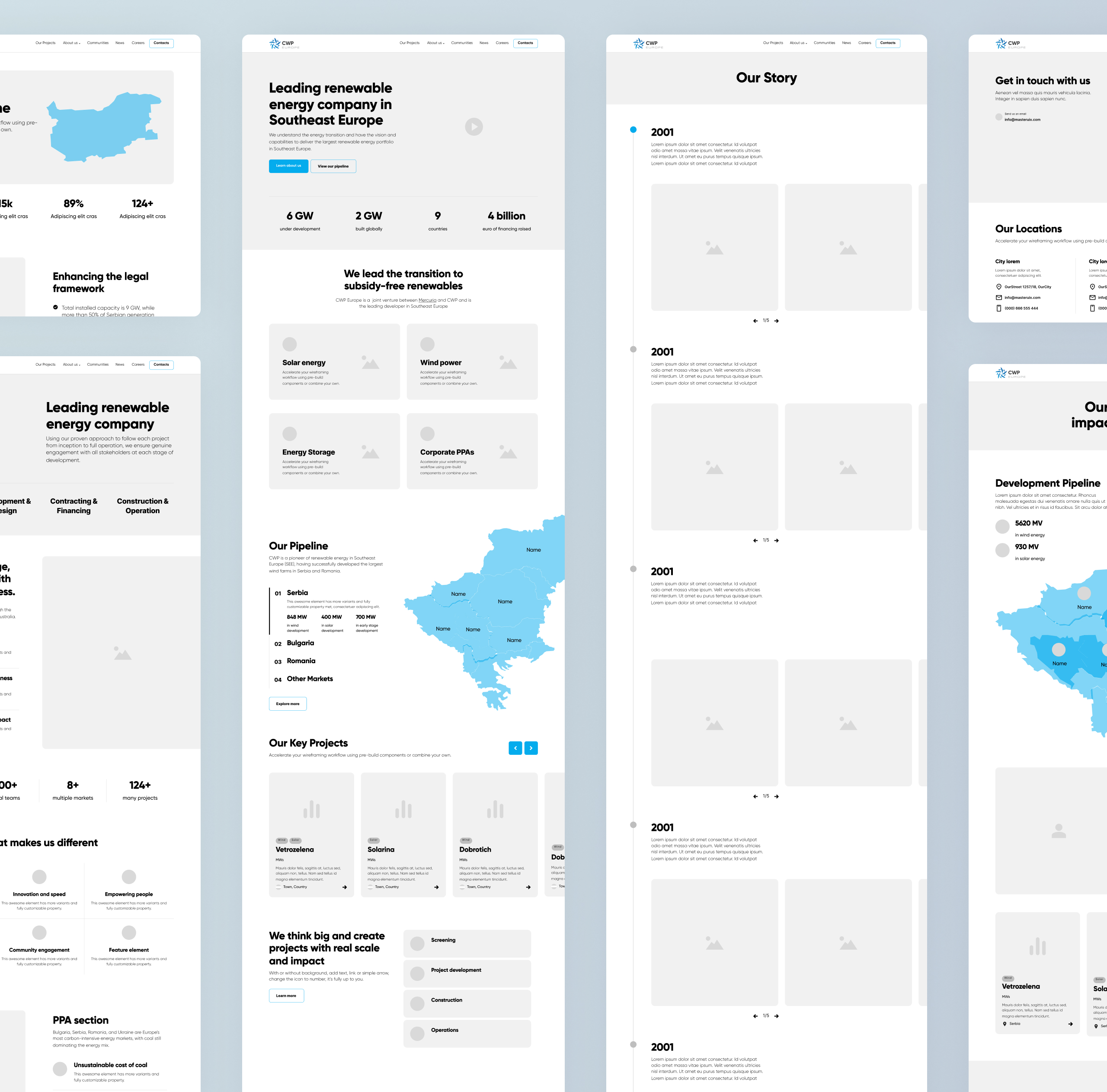 Greyscale CWP Europe wireframes for the homepage, our story and contact pages with map and pipeline blocks