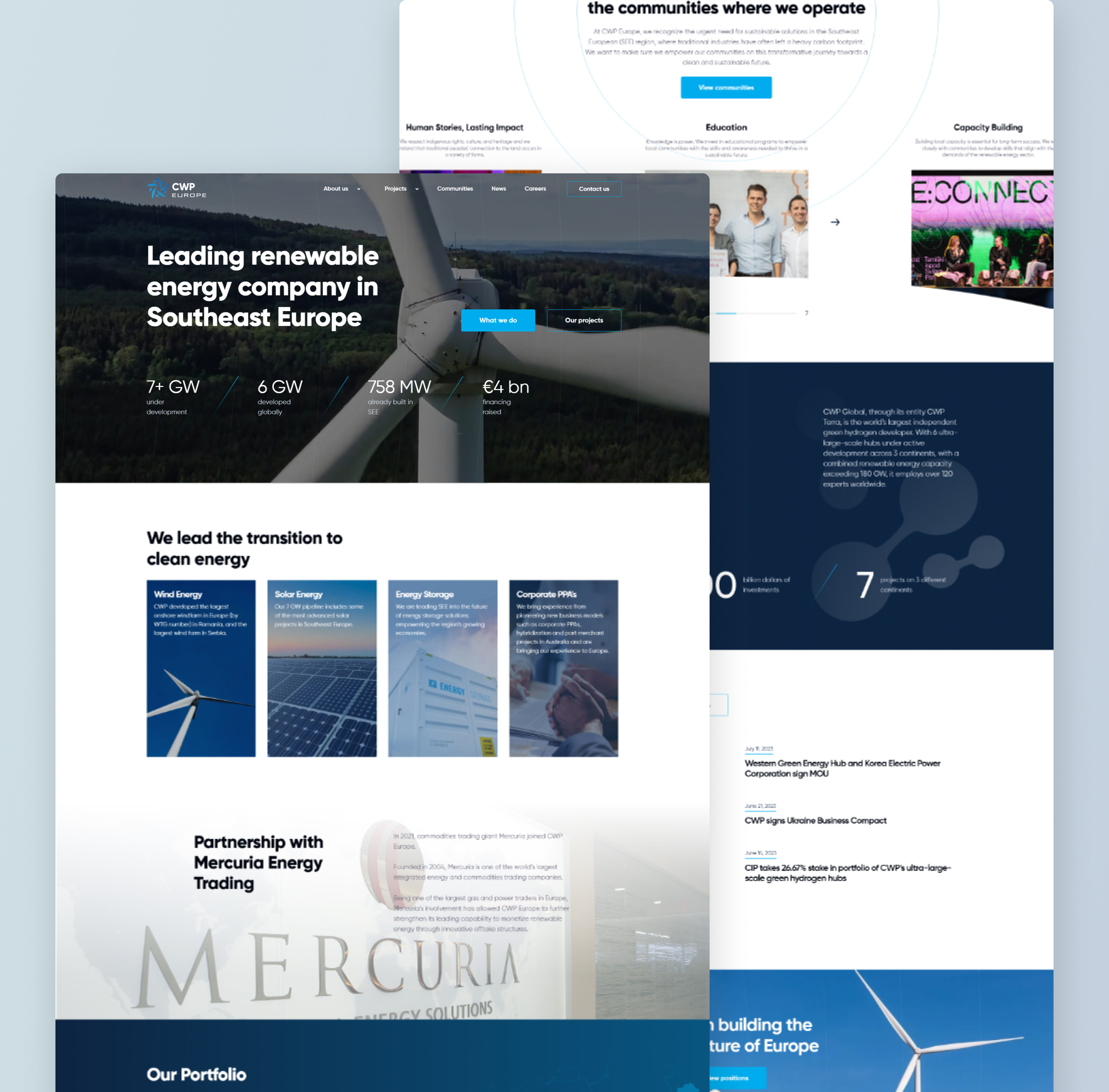 CWP Europe homepage UI design with a wind turbine hero, capacity figures and clean energy service cards