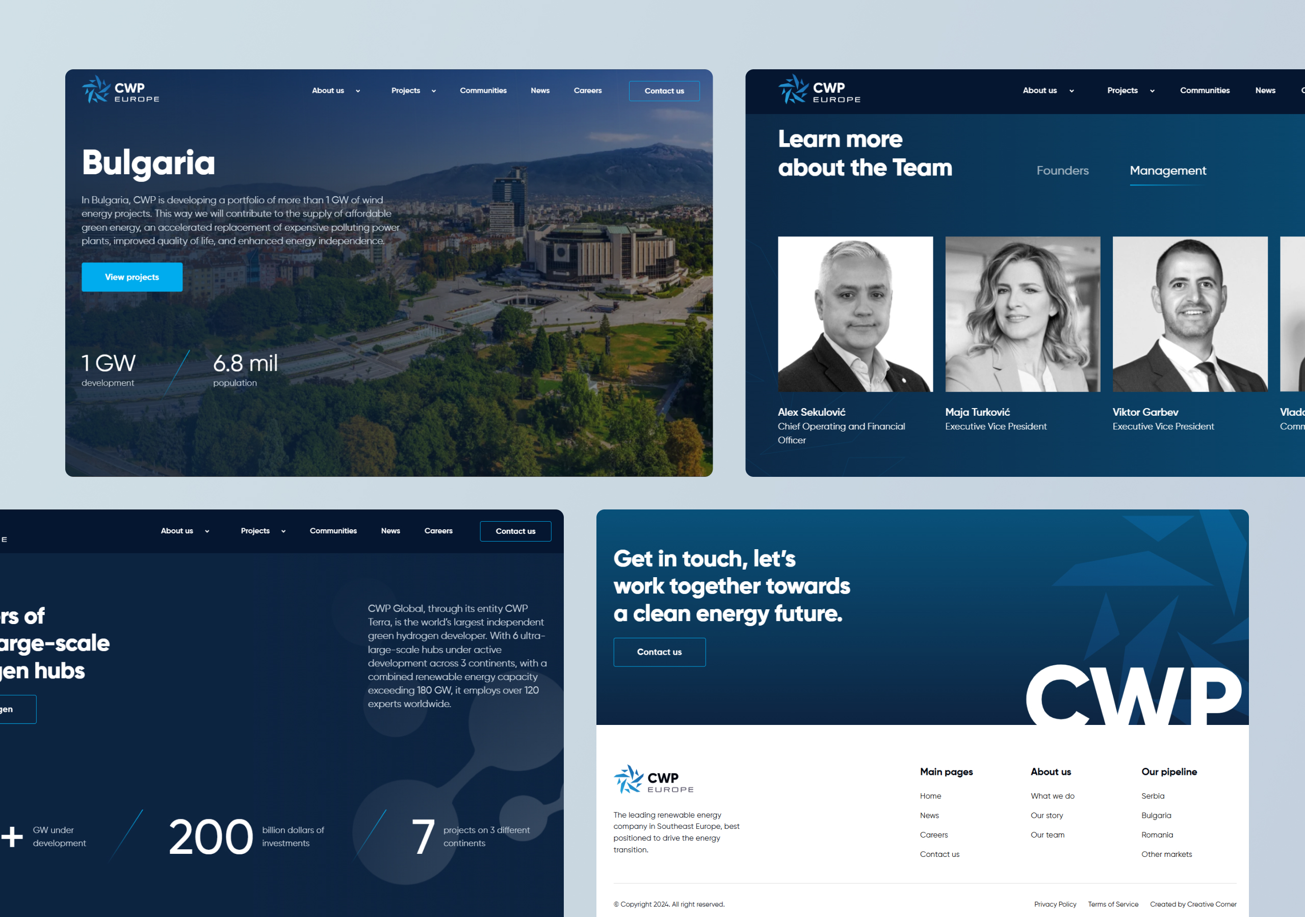 CWP Europe country and team pages plus the blue contact footer with an oversized CWP wordmark