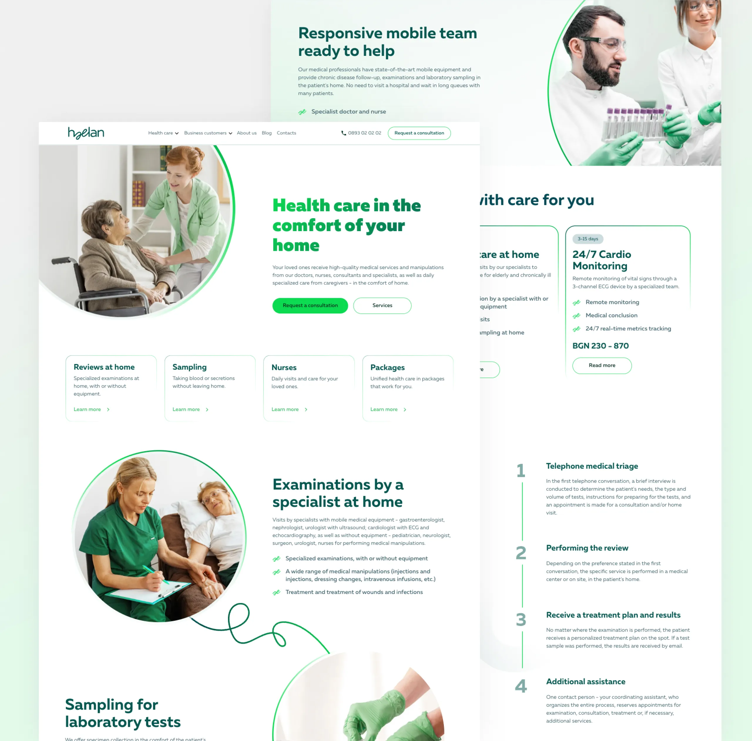 Haelan homepage UI design with a home-care photo hero, service cards and a numbered how-it-works list
