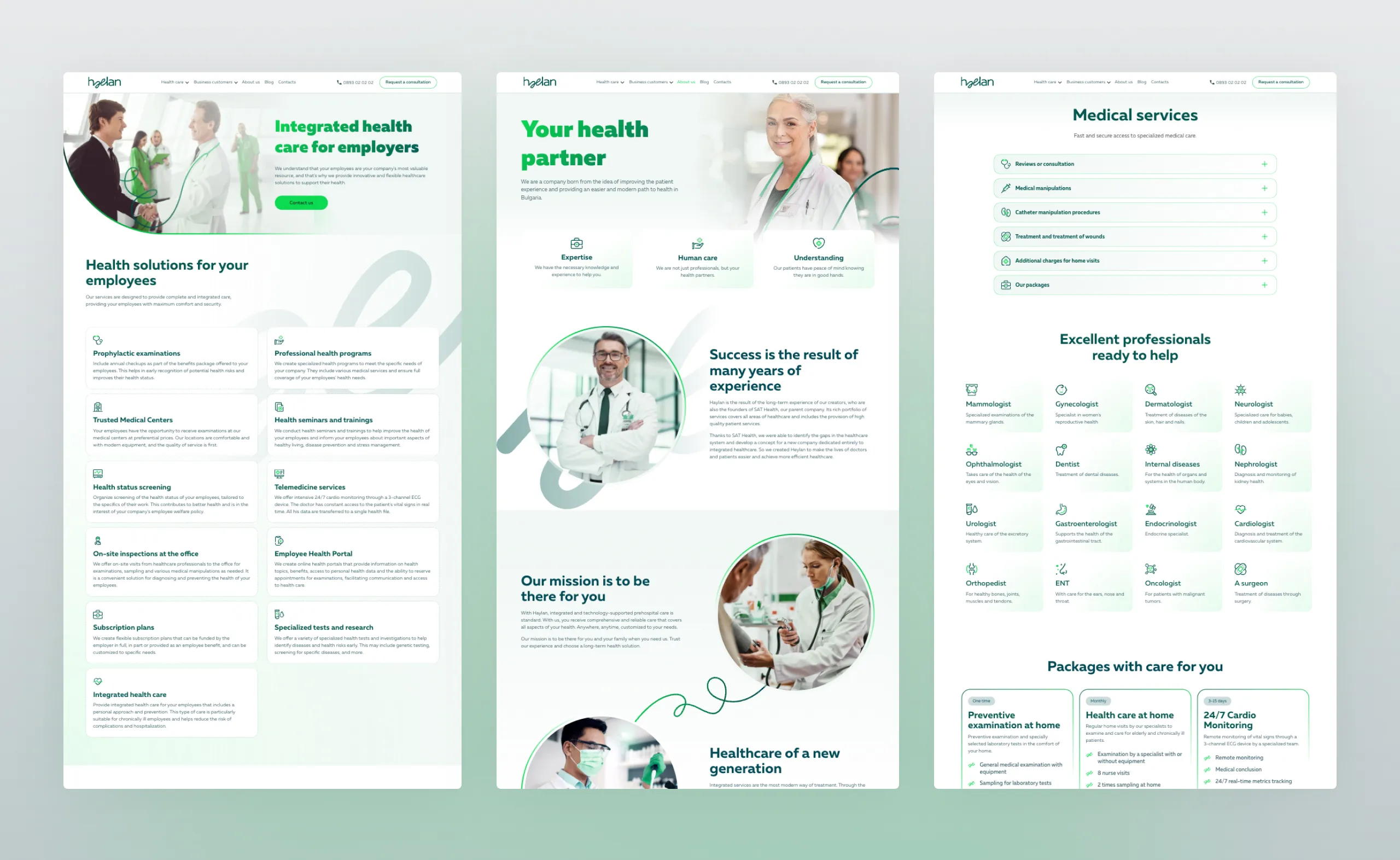Three Haelan page designs covering employer health care, about us, and the medical services and packages page