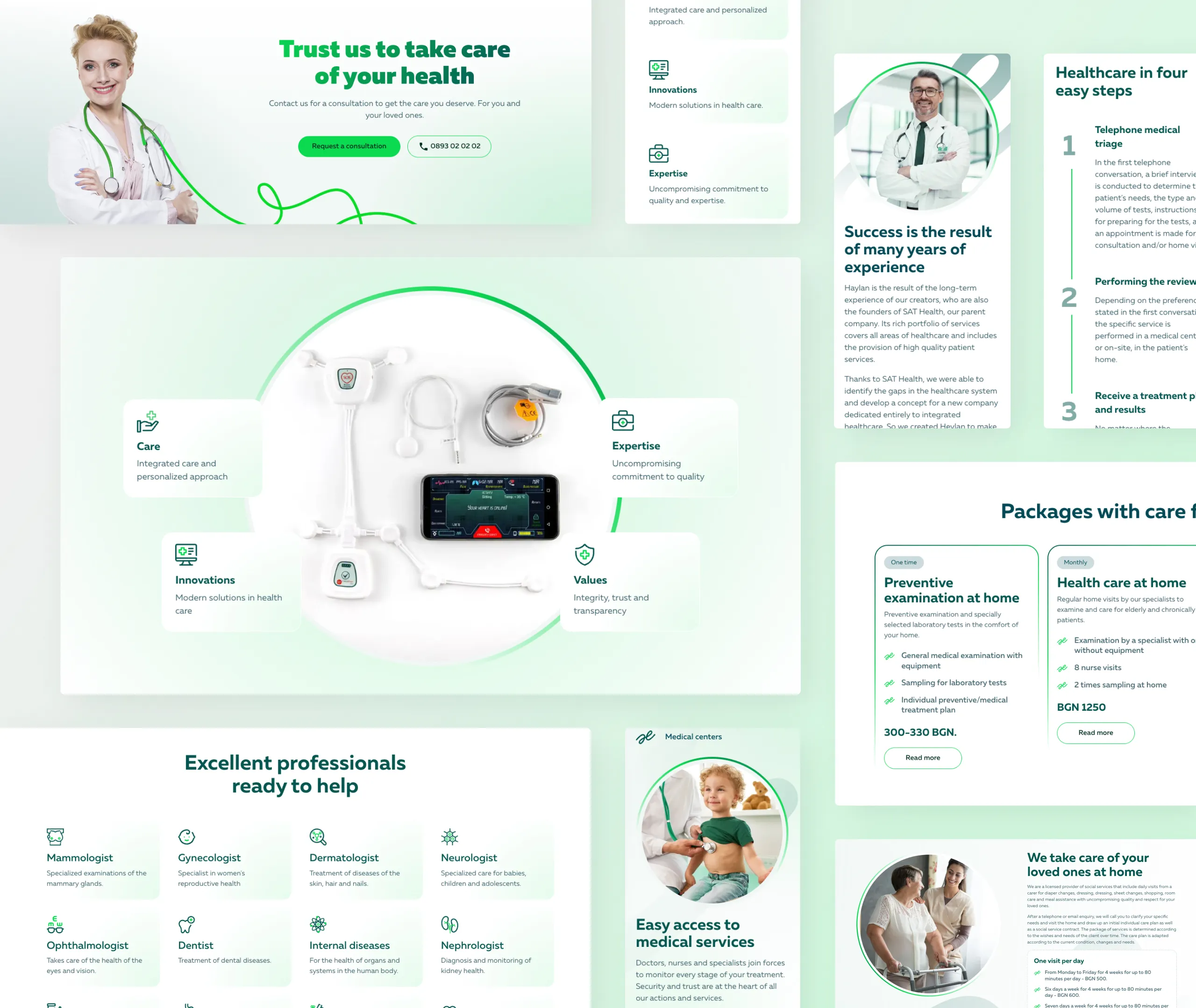 Haelan page sections showing doctor photography, remote monitoring devices, a specialist list and care packages
