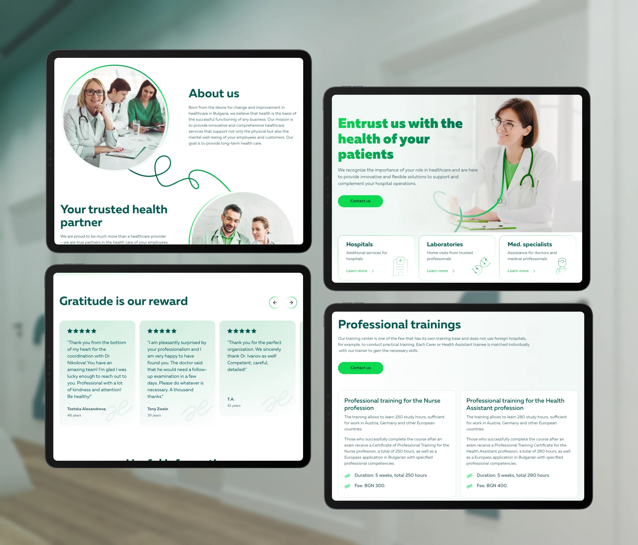 Haelan pages on four tablet mockups covering about us, hospital services, reviews and professional trainings