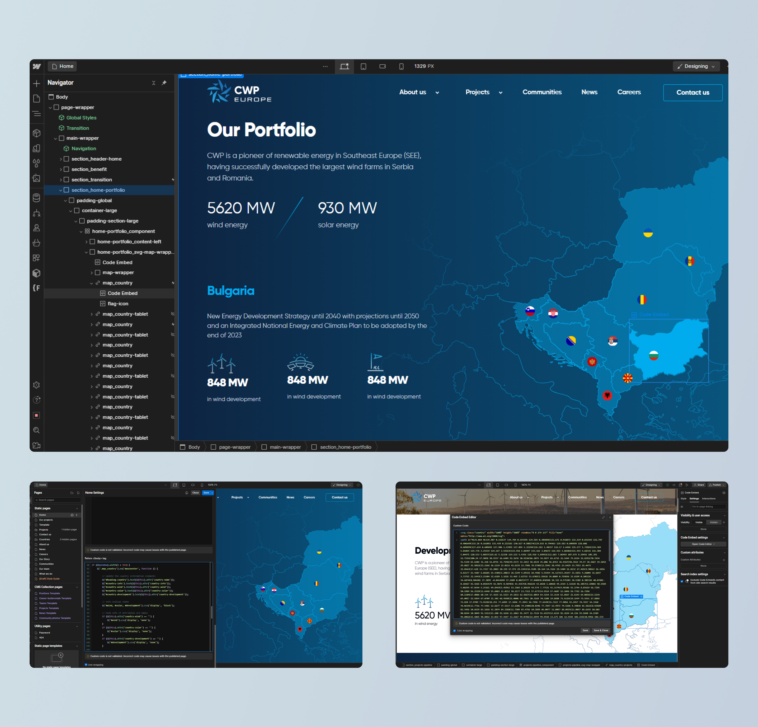 CWP Europe portfolio page open in the Webflow Designer with the Navigator panel and a code embed editor