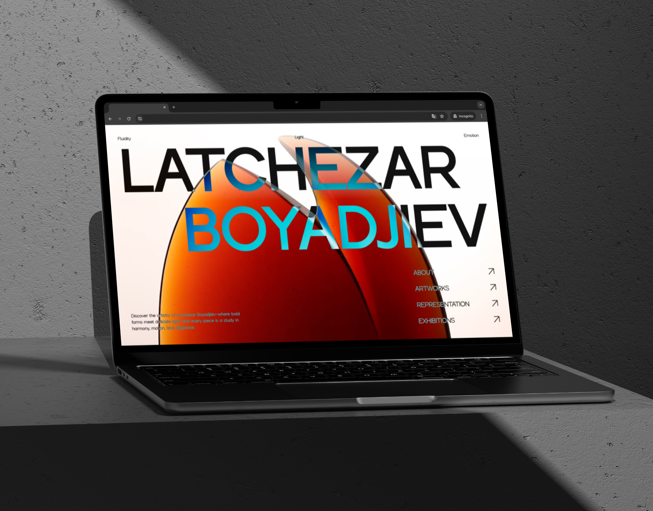 Latchezar Boyadjiev homepage on a laptop mockup, oversized name type layered over an amber glass sculpture
