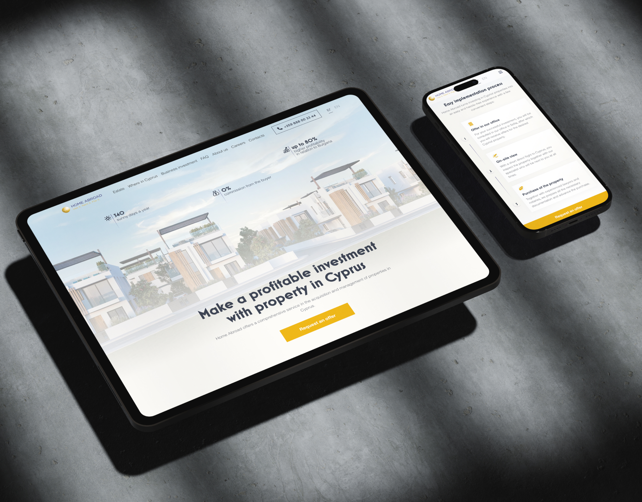 Home Abroad site on tablet and phone mockups showing the Cyprus property investment hero and process steps