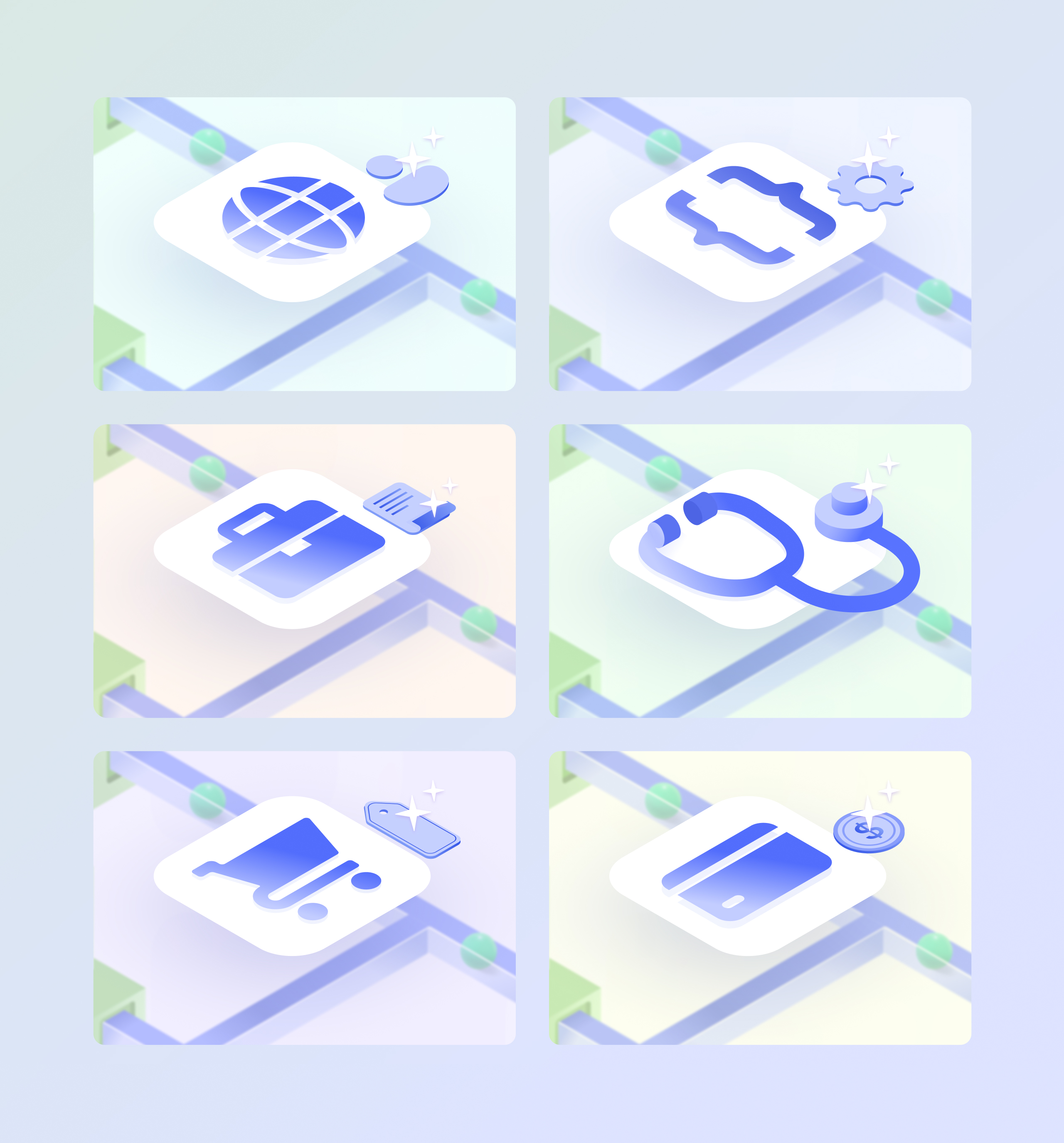 Six The Journey Platform industry illustrations with isometric 3D icons for globe, code, briefcase, stethoscope, cart and card