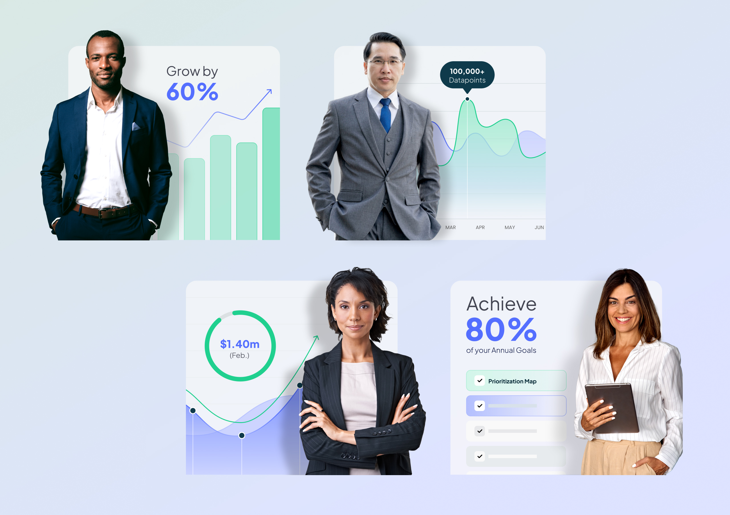 The Journey Platform brand imagery pairing cut-out business portraits with growth charts and dashboard cards