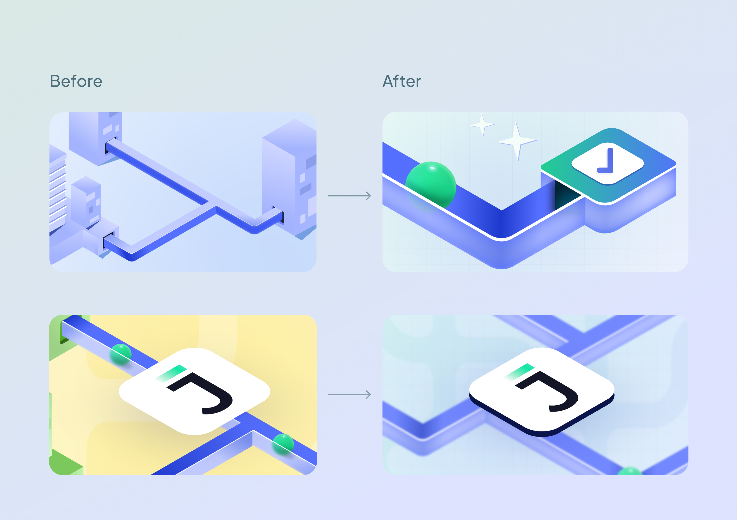 Before and after comparison of The Journey Platform isometric illustrations, refined into cleaner cards with the J mark