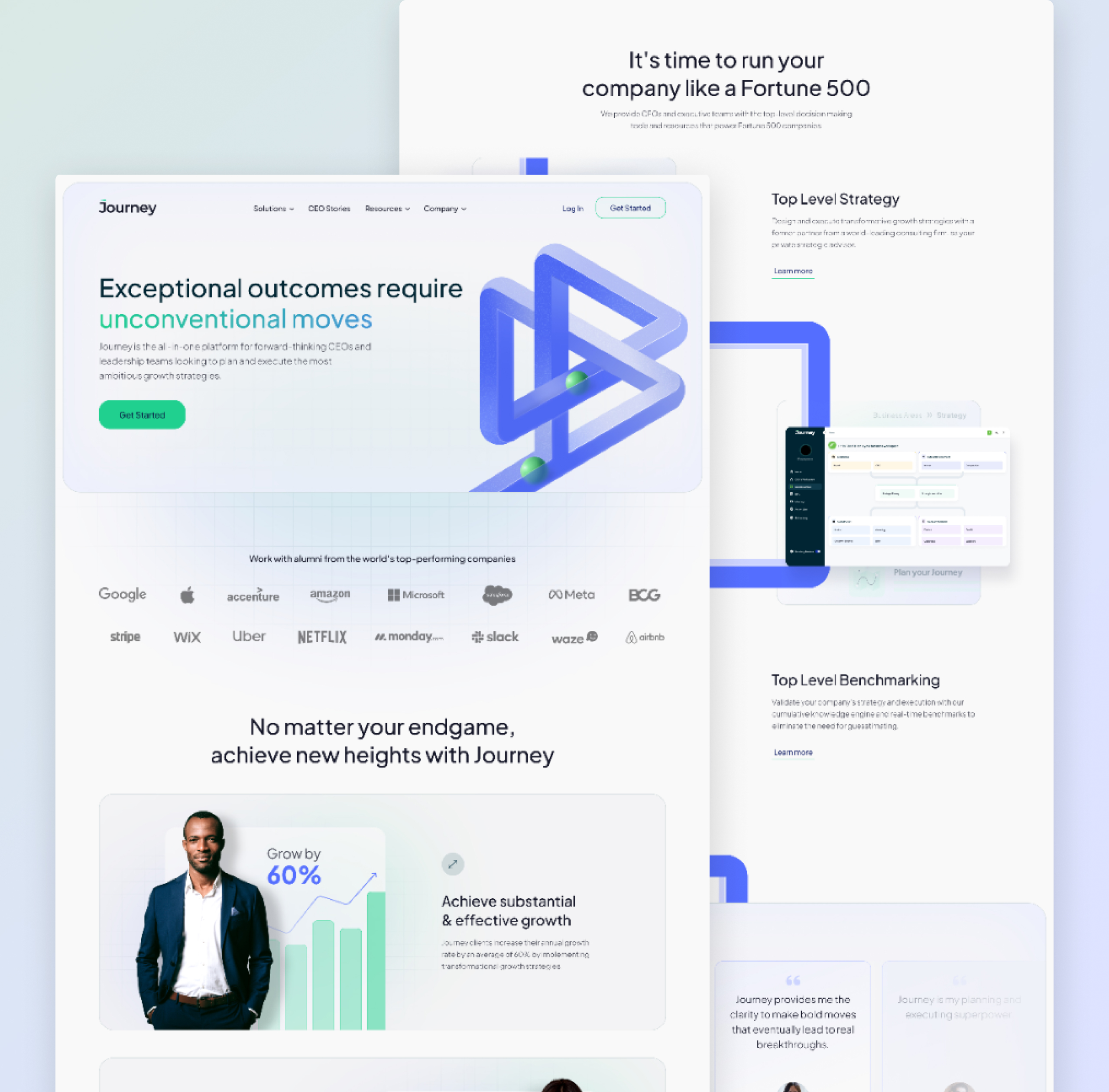 The Journey Platform desktop homepage design with the hero headline, client logo strip and growth benefit sections