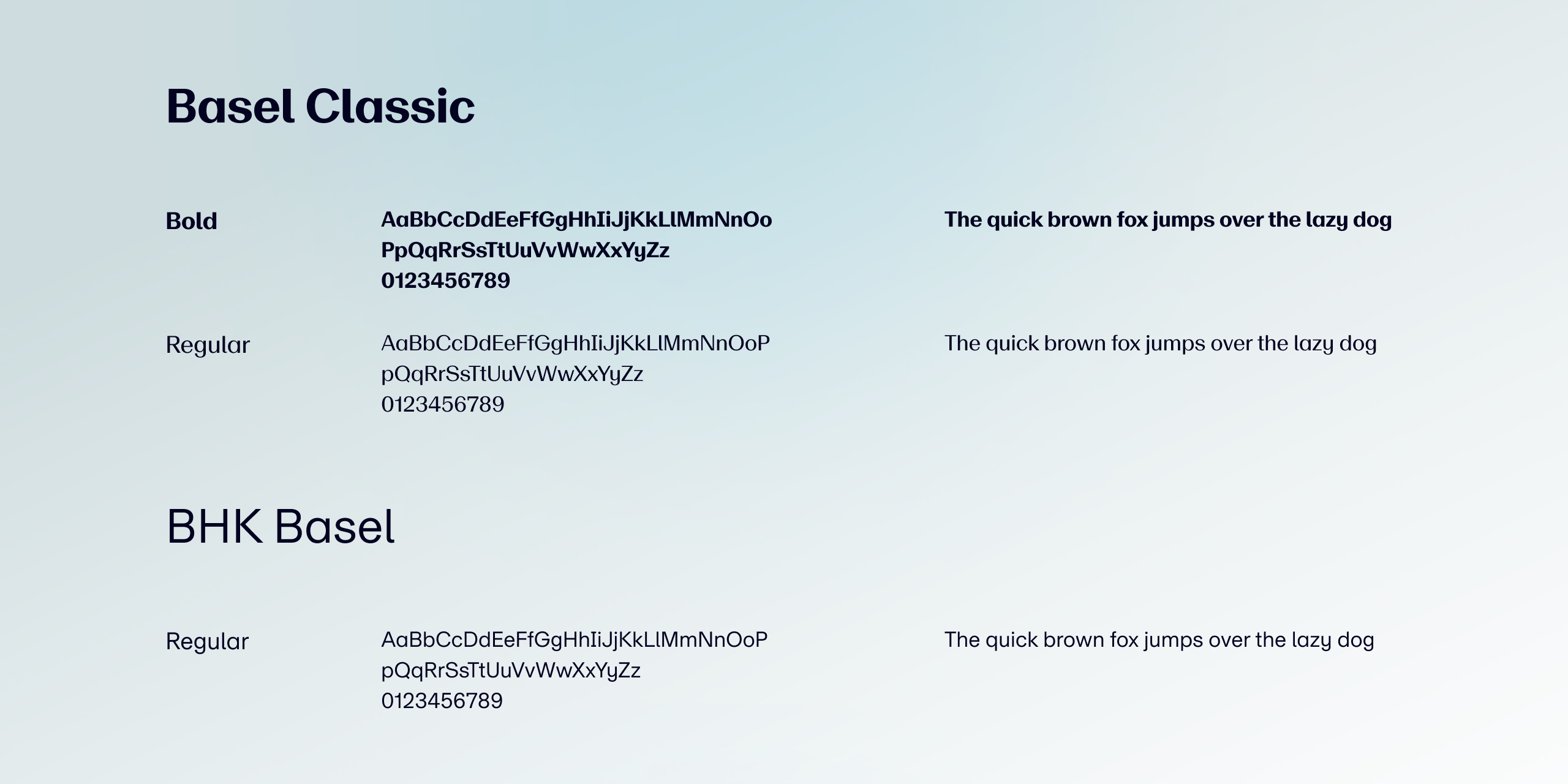 BlueBird Kids Health typography sheet showing Basel Classic in Bold and Regular alongside BHK Basel Regular