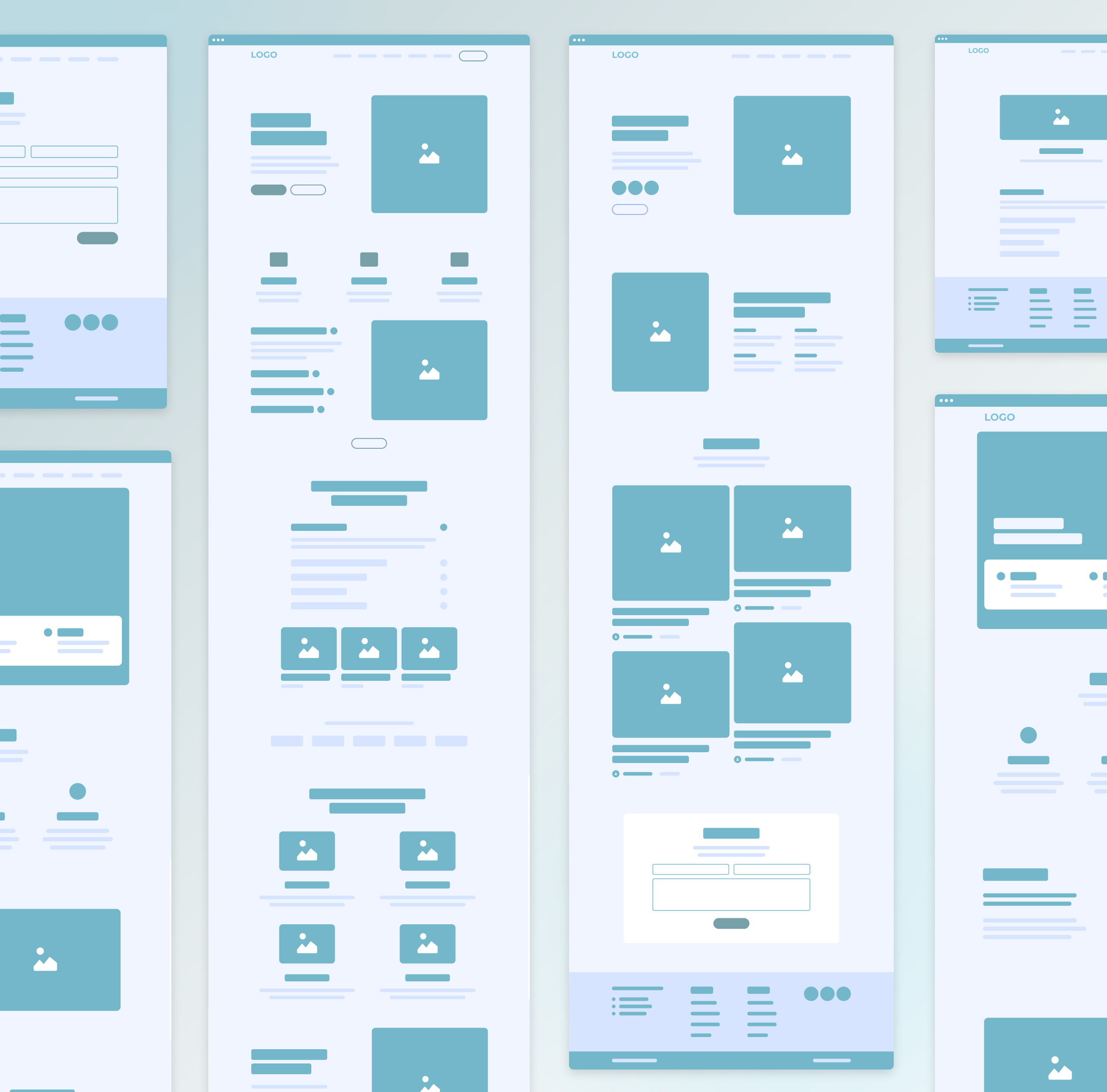 BlueBird Kids Health low-fidelity wireframes of desktop pages showing image blocks, text stacks and a contact form