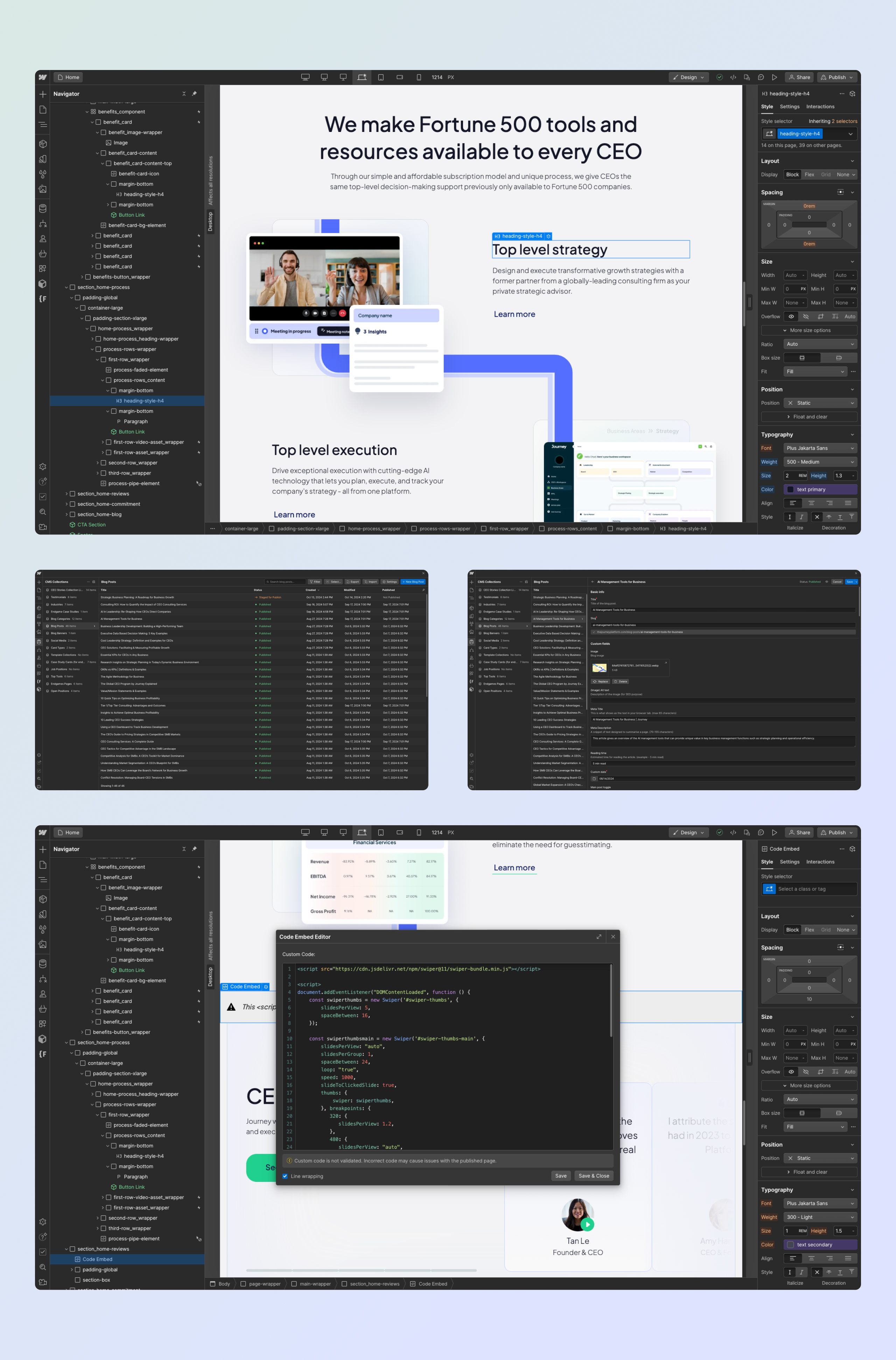 The Journey Platform built in the Webflow Designer with the Navigator tree, style panel, CMS lists and a code embed