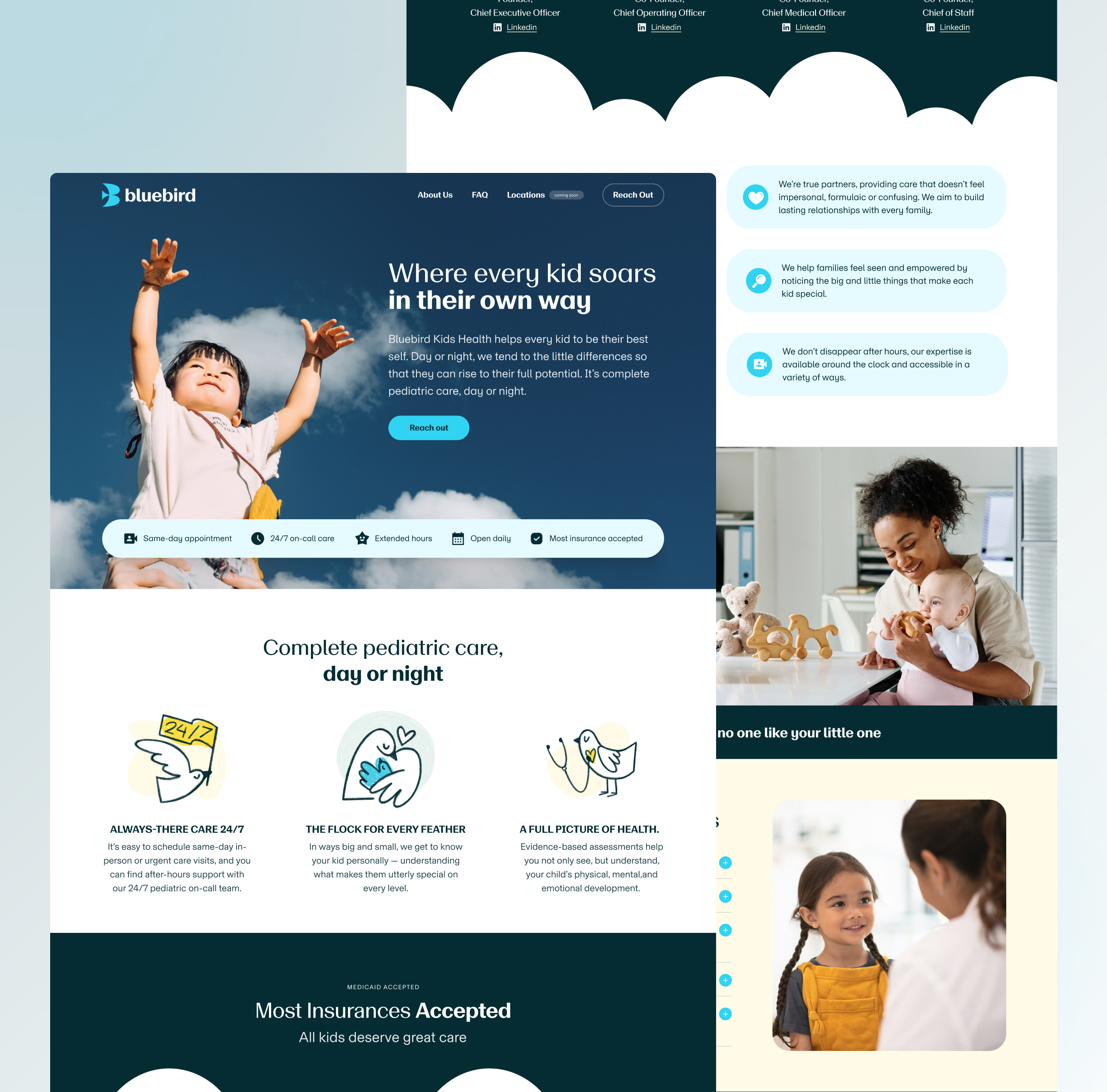 BlueBird Kids Health homepage design with a child reaching skyward, pediatric care cards and hand-drawn bird illustrations
