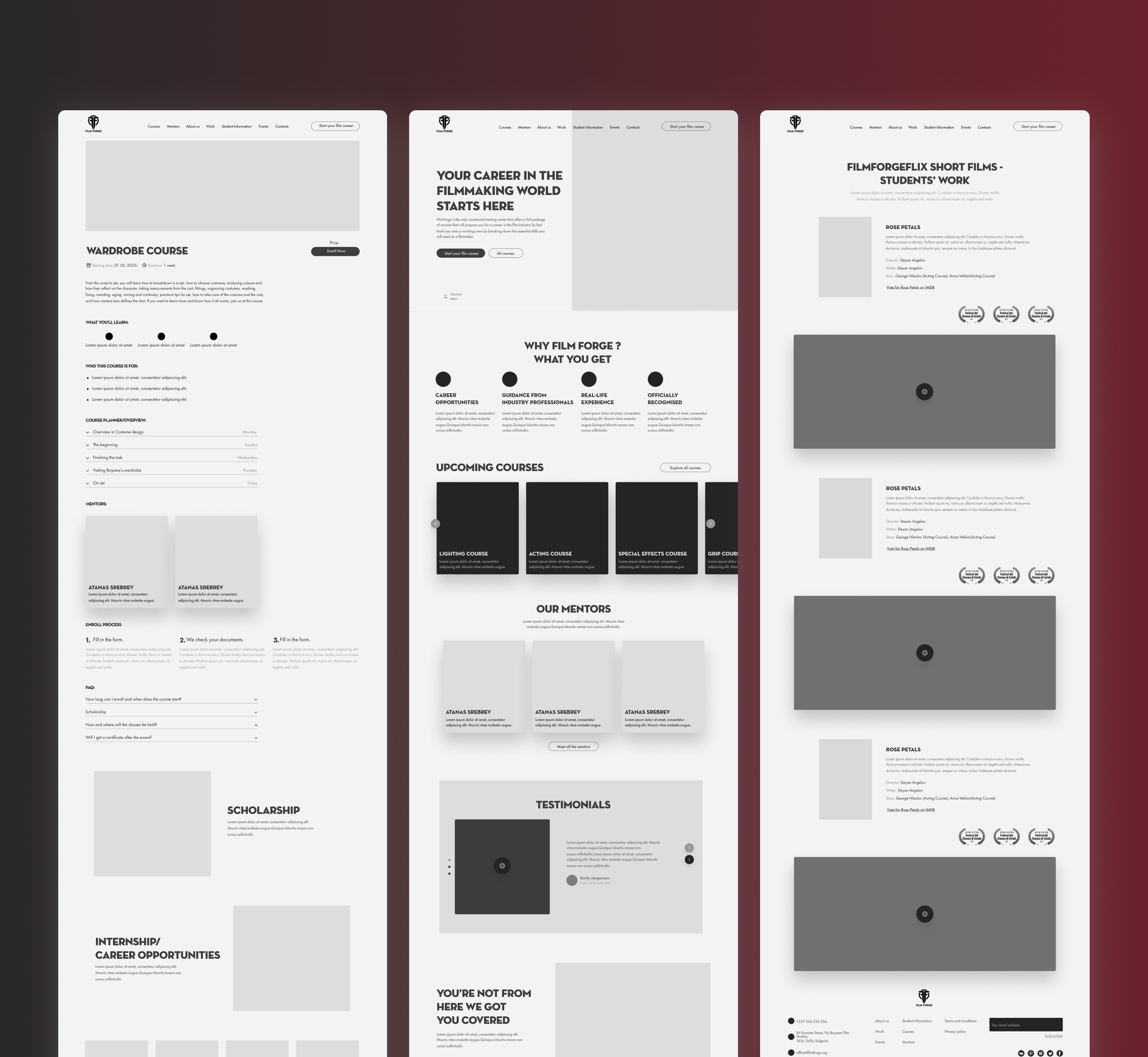 Three FilmForge greyscale wireframes covering a course page, the homepage layout and a student short films listing