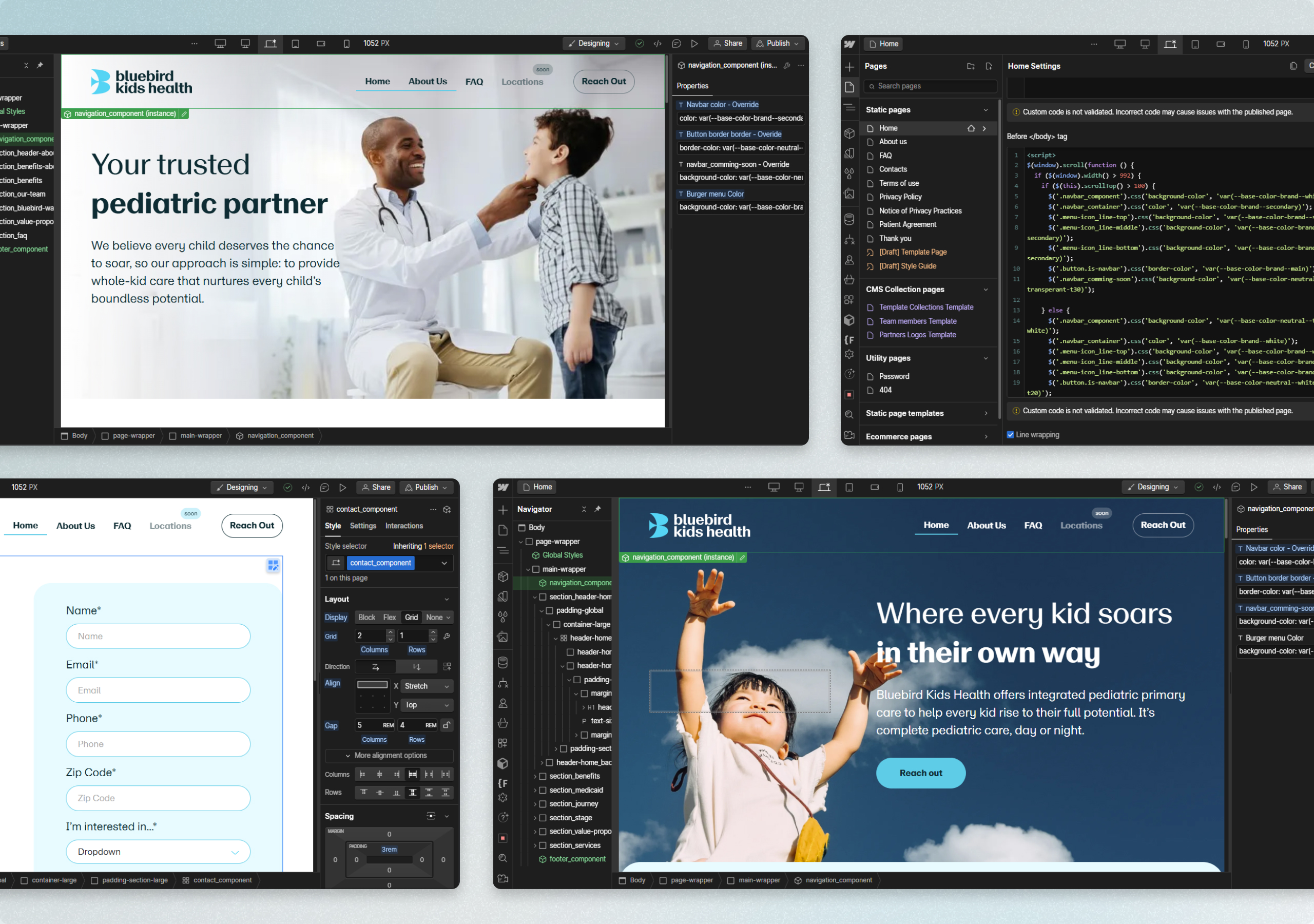 BlueBird Kids Health built in the Webflow Designer with the Navigator tree, pages panel, custom code and a contact form
