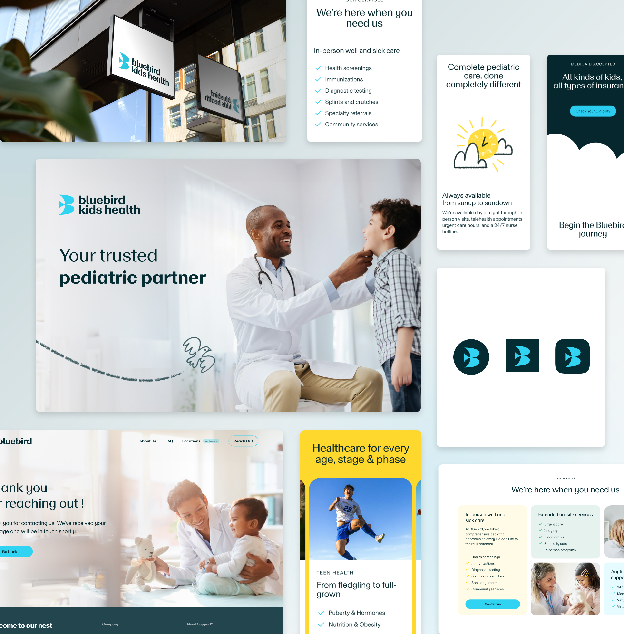 BlueBird Kids Health collage of clinic signage, a doctor with a child, logo mark variants and a thank-you page design