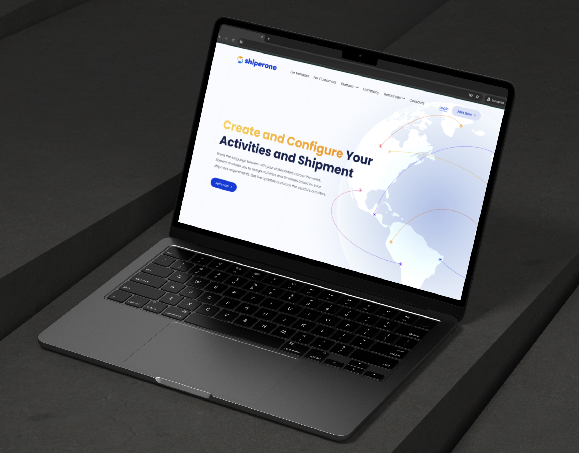 Shiperone homepage on an angled laptop screen against dark grey blocks, showing the globe and shipping route graphic